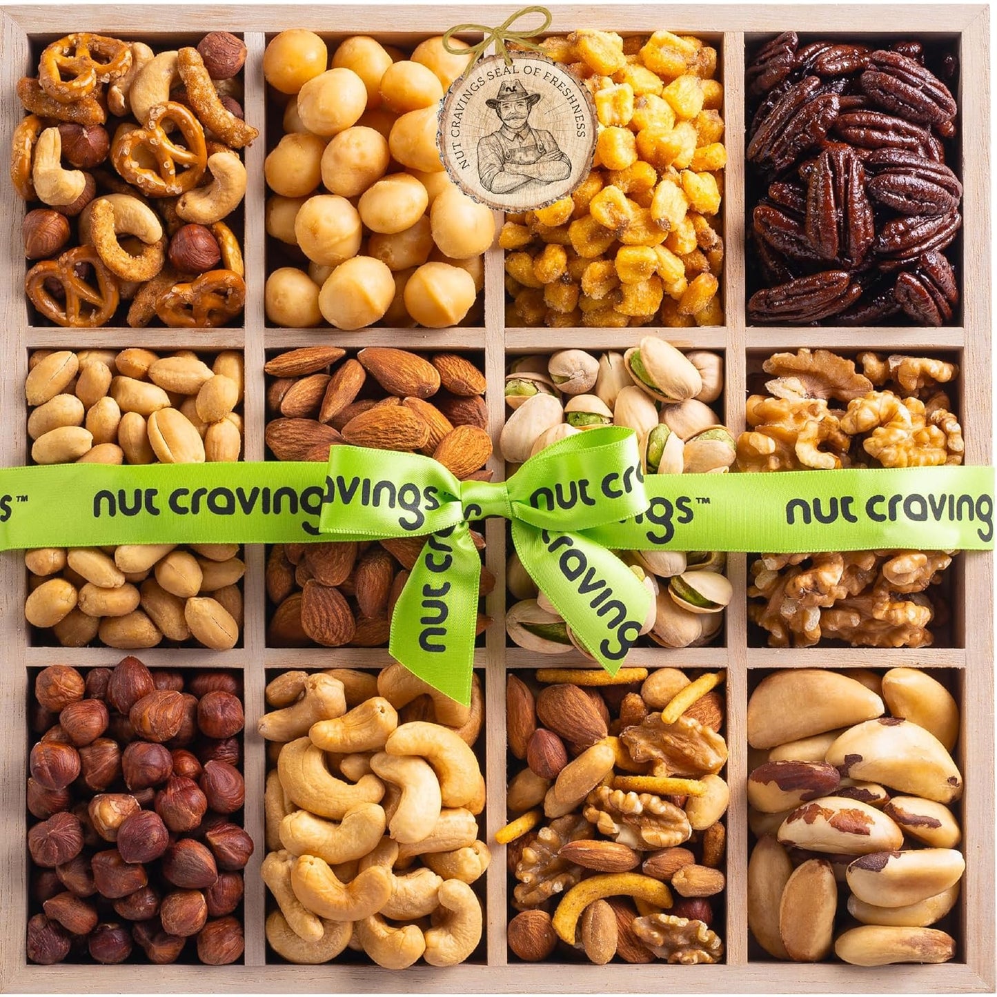 NUT CRAVINGS - Mixed Nuts Gift Basket in Reusable Wooden Tray + Green Ribbon (12 Assortments) Food Arrangement, Healthy Snack Care Package, Food Assortments