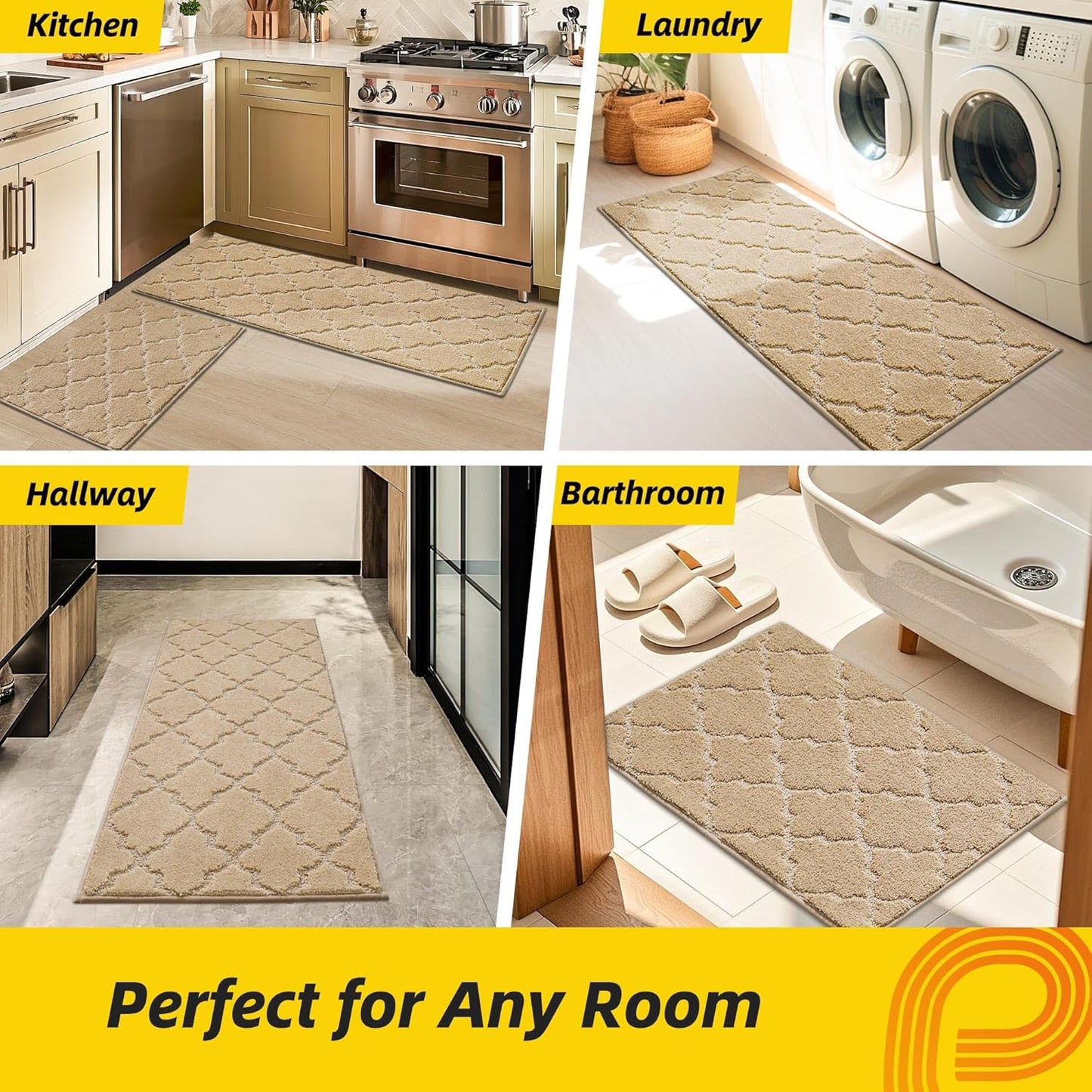 JSEI Kitchen Rugs, Non-Slip Kitchen Mats for Floor, Soft Washable Absorbent Kitchen Mats 2 Pieces, Kitchen Carpet Runner with TPR Backing, Polyester, 20”x32”+20”x48”, Beige