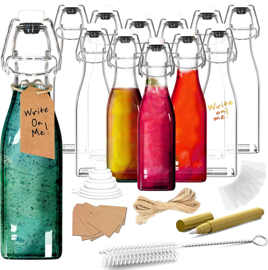 Nevlers 12 Oz Flip Top Glass Bottle 12 Pack | Square Swing Top Glass Bottles with Lids, Shrink Wrap, Paper Tags + String, Foldable Funnel, Cleaning Brush, & Gold Marker | Clear Syrup Container Set