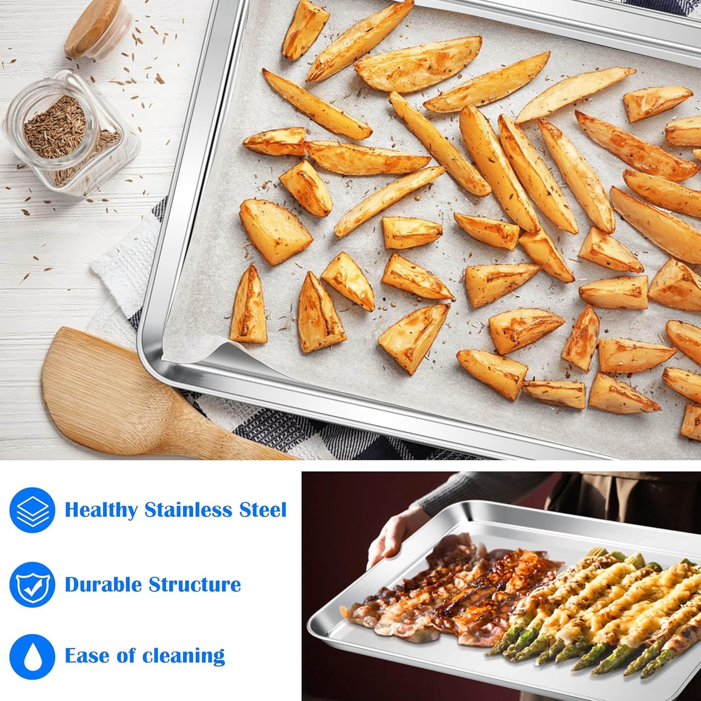 E-far Large Baking Sheets, 20”x14” Stainless Steel Cookie Sheet Pans for Oven, Non Toxic Big Metal Baking Trays for Cake Cookies, Healthy & Rust Free, Mirror Finish & Dishwasher Safe, 2 Pack