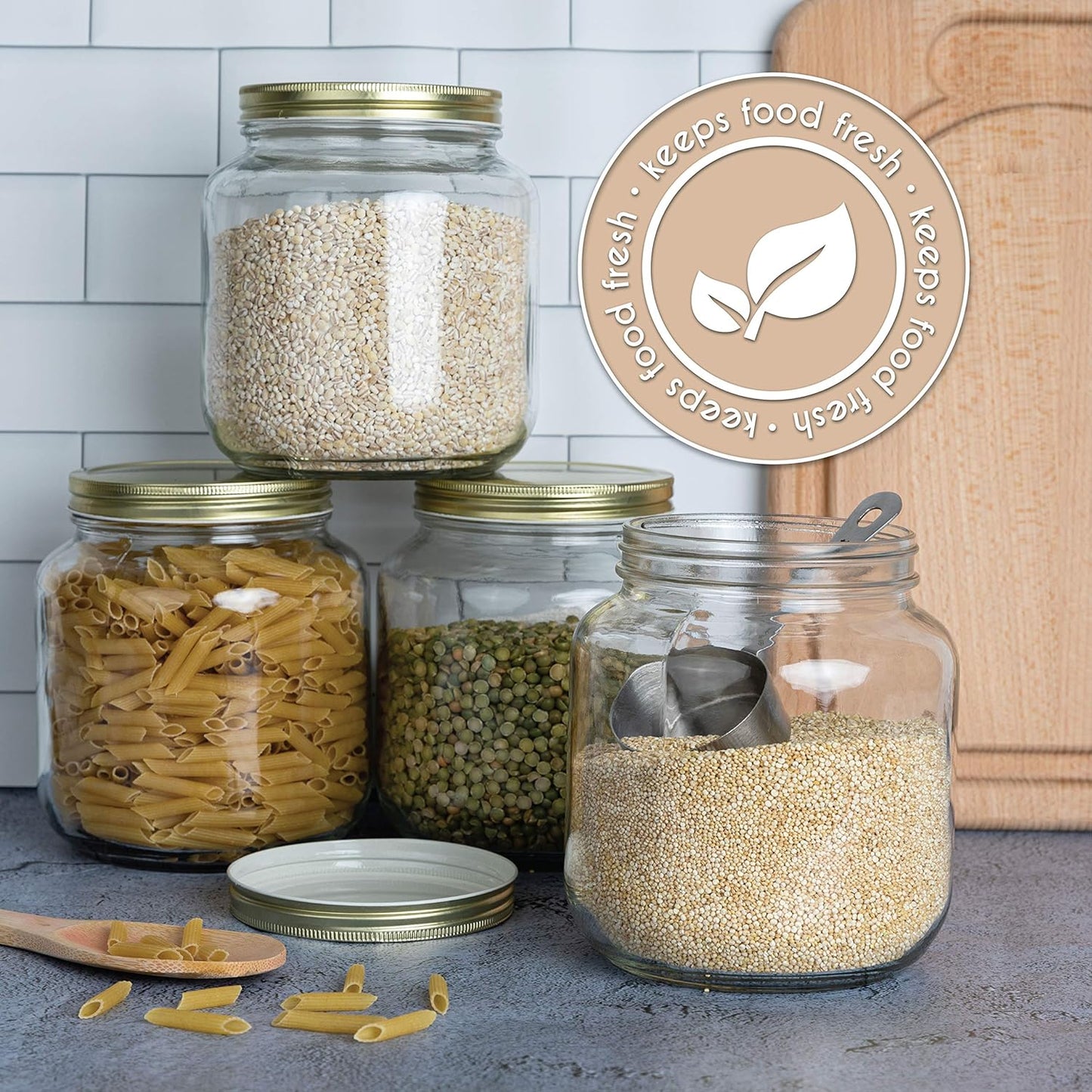 kitchentoolz Half Gallon Mason Jar Wide Mouth with Airtight Metal Lid - Safe for Fermenting Kombucha Kefir - Curing Pickling, Storing and Canning - BPA-Free Dishwasher Safe (Gold Lid, 4)