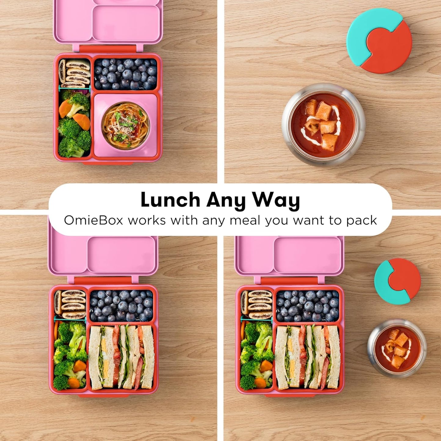 OmieBox Bento Box for Kids - Insulated Bento Lunch Box with Leak Proof Vacuum Insulated Food Jar - 3 Compartments, Two Temperature Zones (Pink Berry)