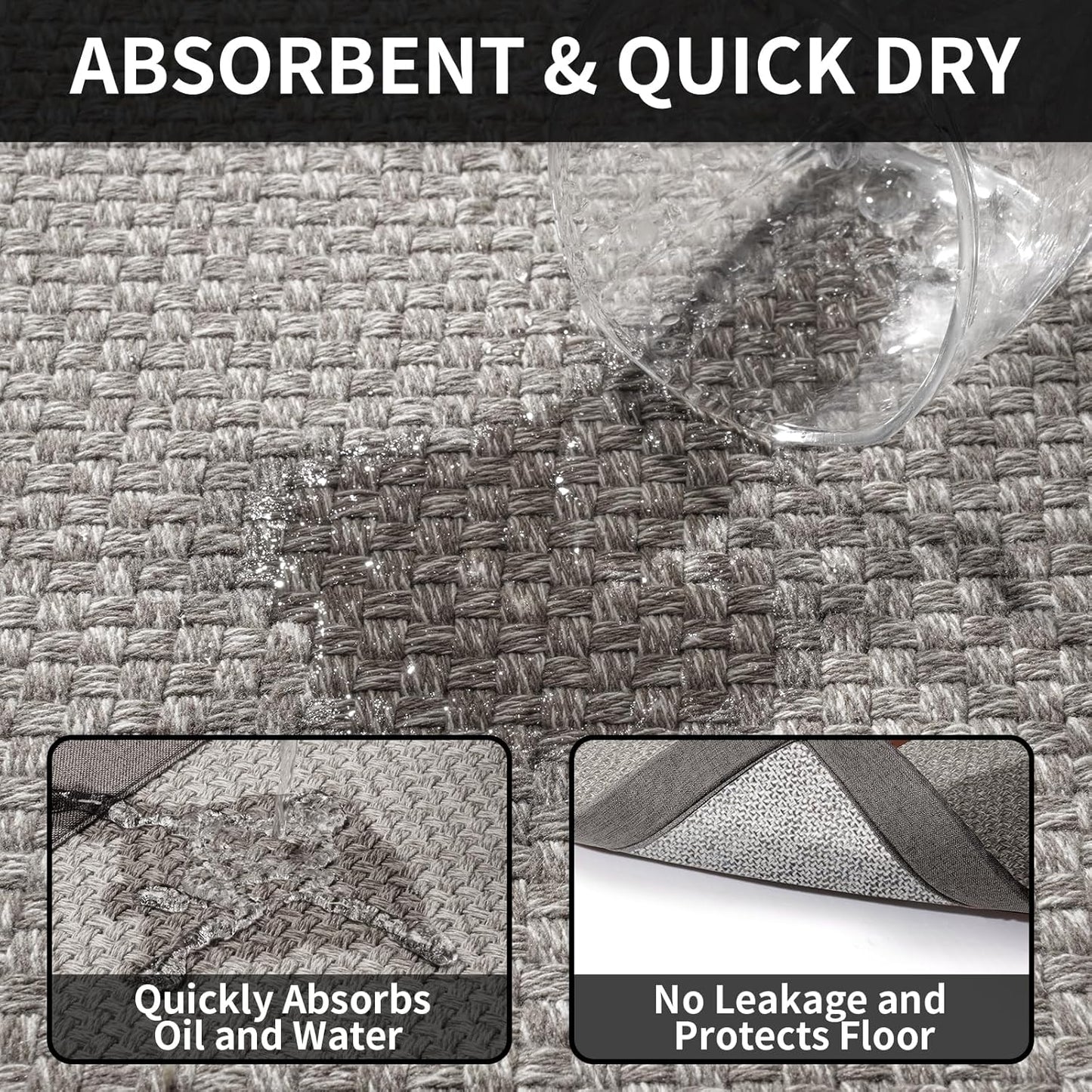 Kitchen Runner Rugs Non Slip Washable, Super Absorbent Kitchen Mats for Floor, Rubber Backing Jute-Like Braid Long Sink Mat Standing Floor Mat, Machine Washable, Gray 17"x59"