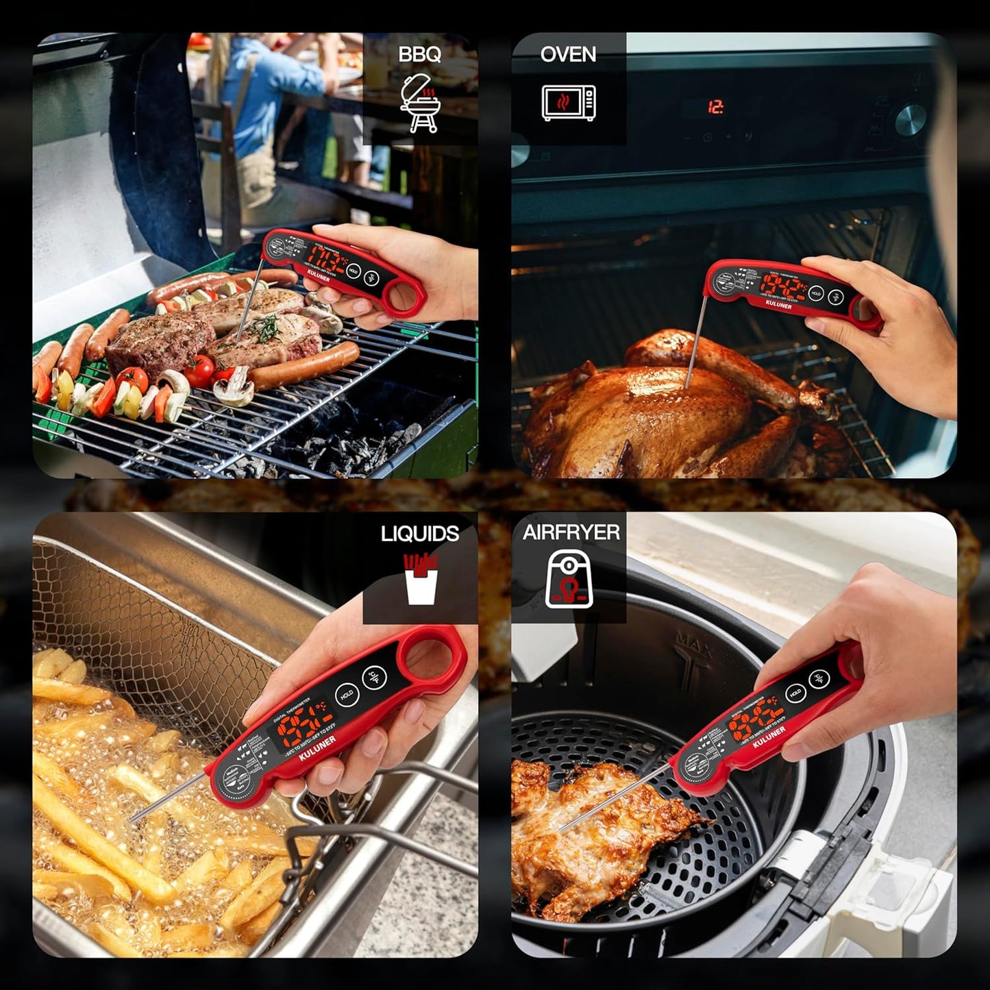 KULUNER 1-Second Rapid and Accurate Meat Thermometer - Waterproof Multifunctional Kitchen Food Thermometer, Ideal for Frying, Smoking, Grilling and More(Red)