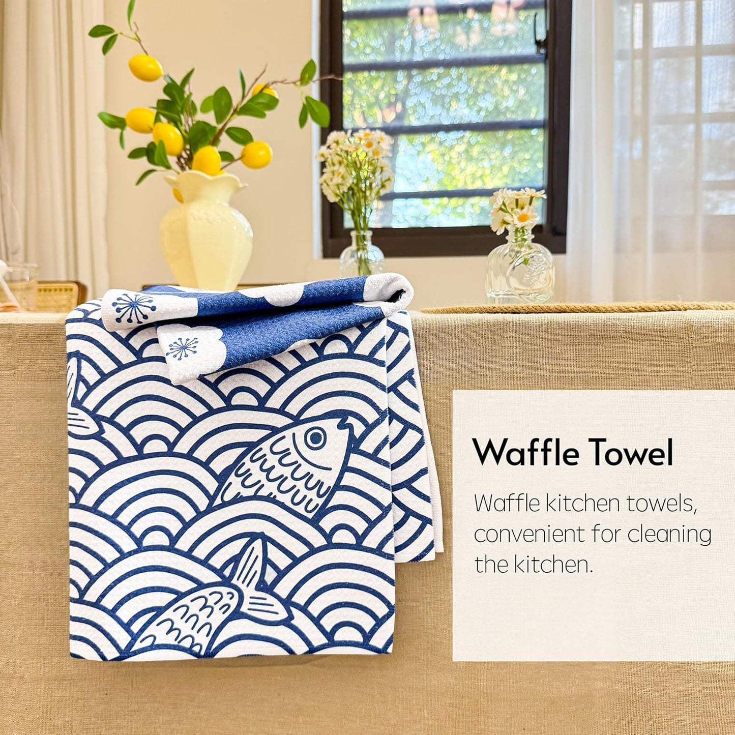 Kitchen Towels, Premium Dish Towels for Kitchen Drying, 18" x 30" Tea Towels, Quick Dry Microfiber Dish Cloths, Ocean Sakura Series, 2-Pack