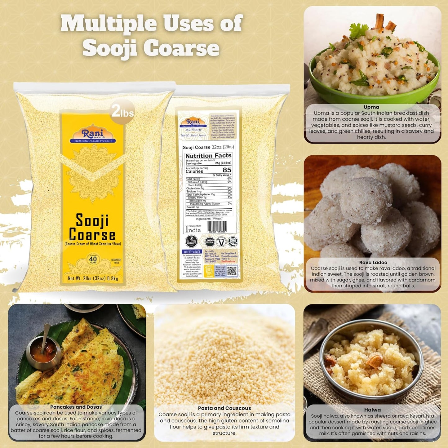 Rani Sooji Coarse (Farina, Suji, Rava, Rawa, Wheat Semolina) Flour 32oz (2lbs) 908g ~ All Natural | Vegan | NON-GMO | Kosher | Indian Origin