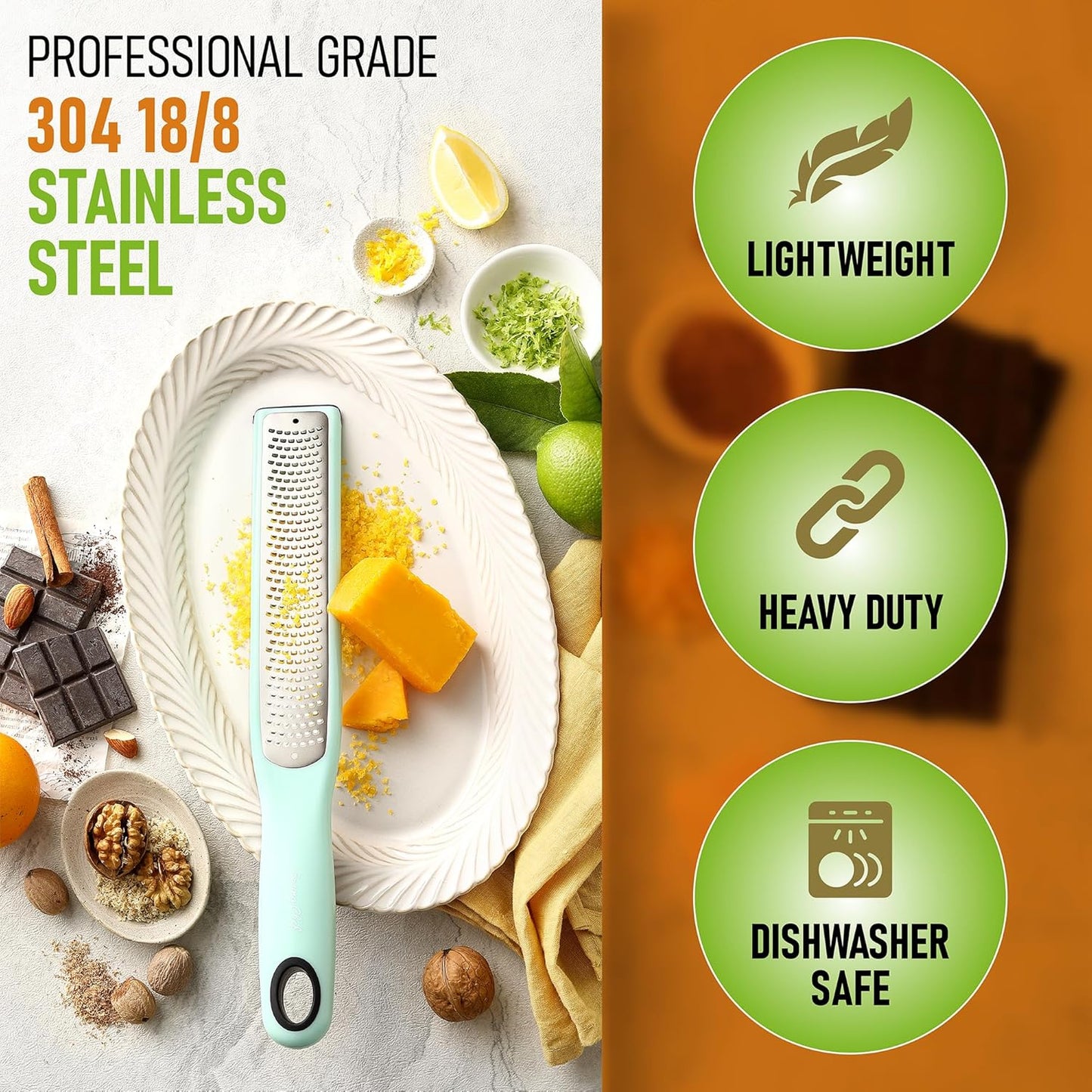 Spring Chef Premium Lemon Zester Grater with Handle - Fruit, Garlic, Lime, Orange, Nutmeg, Garlic Grater - Heavy Duty Kitchen Tool - Stainless Steel Citrus Zester with Blade Cover - Fine Shred, Mint