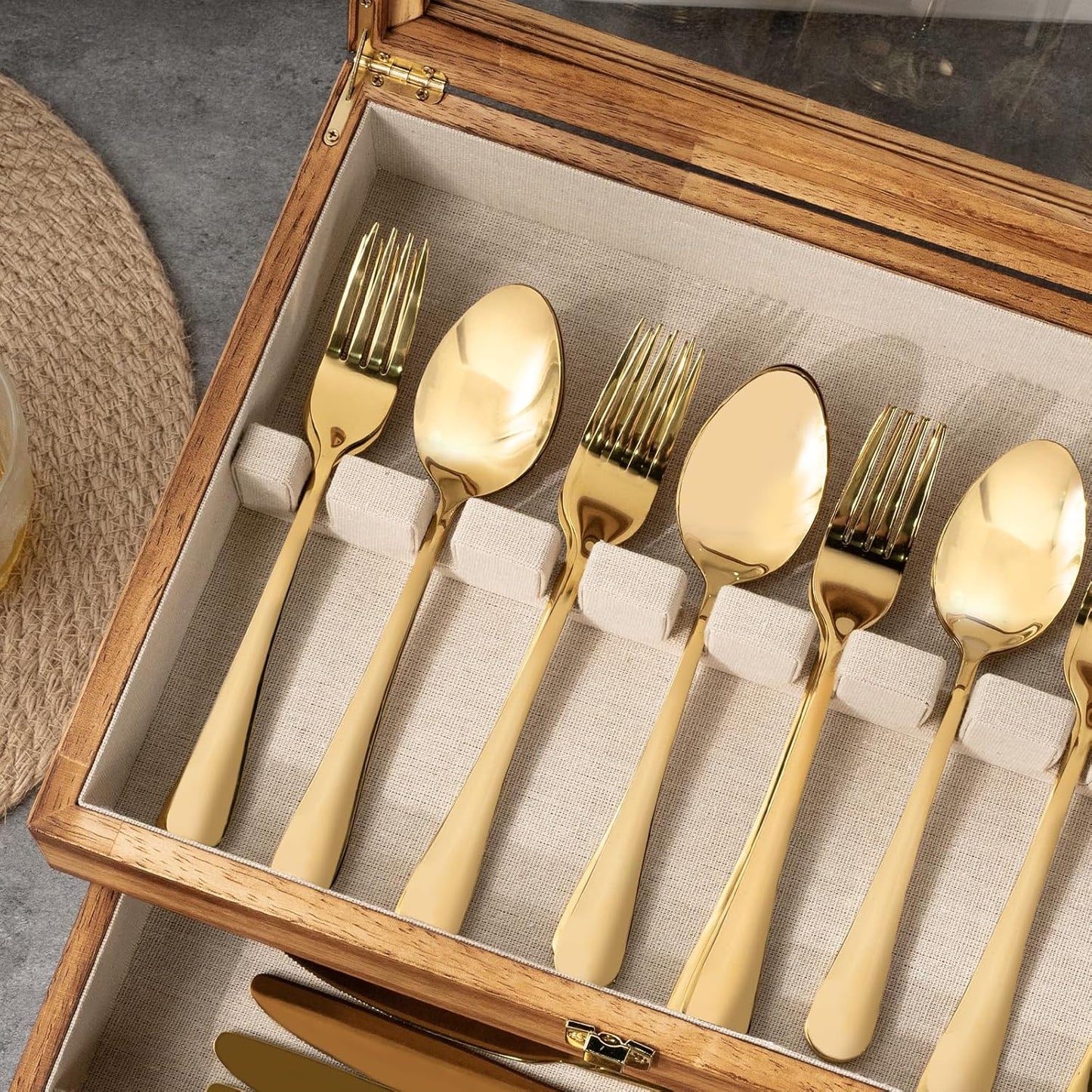 Silverware Box, 2-Layer Wooden Silverware Storage Box with Glass Lid, 14.5×10.6 Inches Vintage Style Decor Flatware Storage Case for Fine Flatware & Utensils, Gift Idea (Torched Wood)