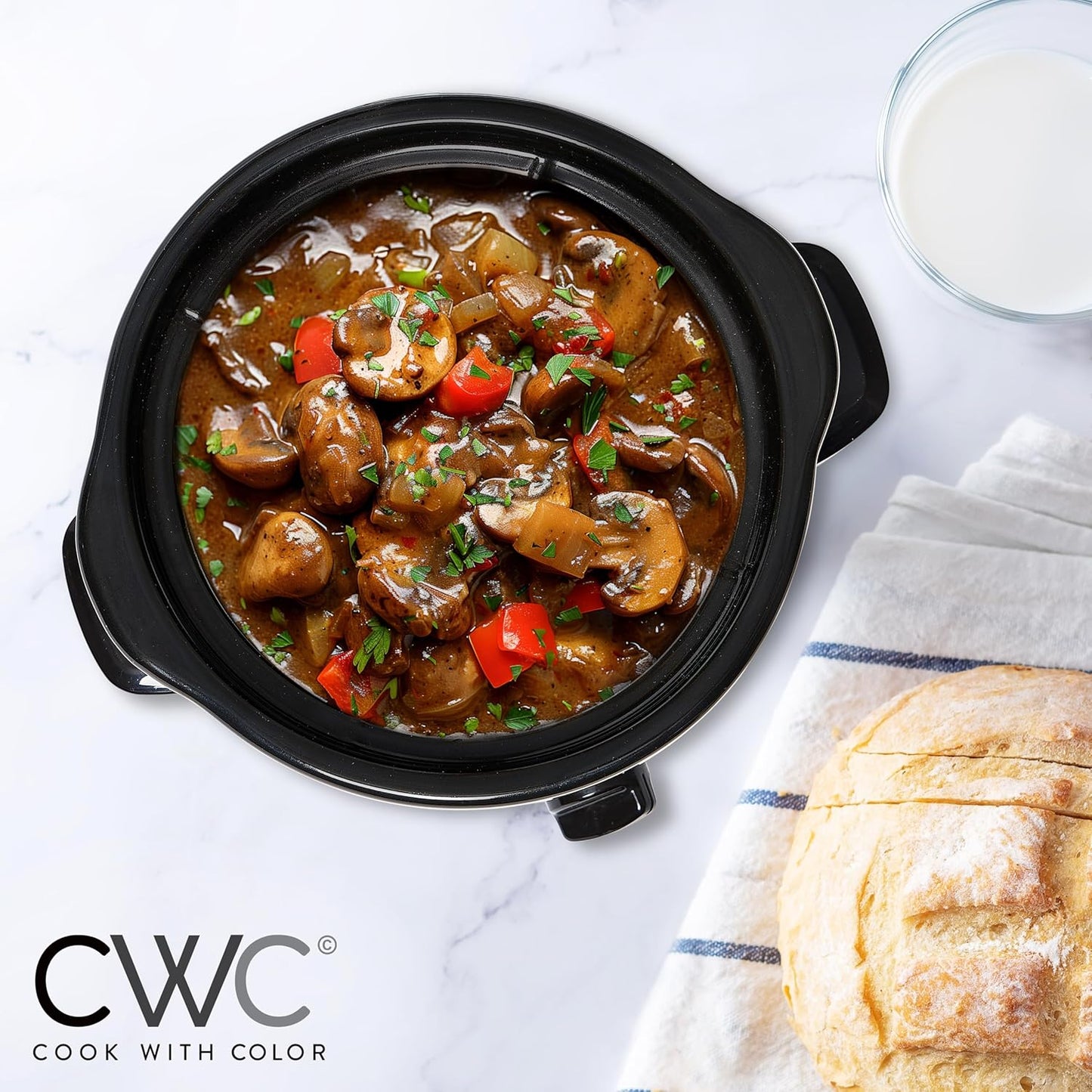 COOK WITH COLOR 2QT Mini Electric Round Slow Cooker - Adjustable Settings, Removable Stoneware Pot, Tempered Glass Lid, Dishwasher Safe, Cool-Touch Side Handles, Black