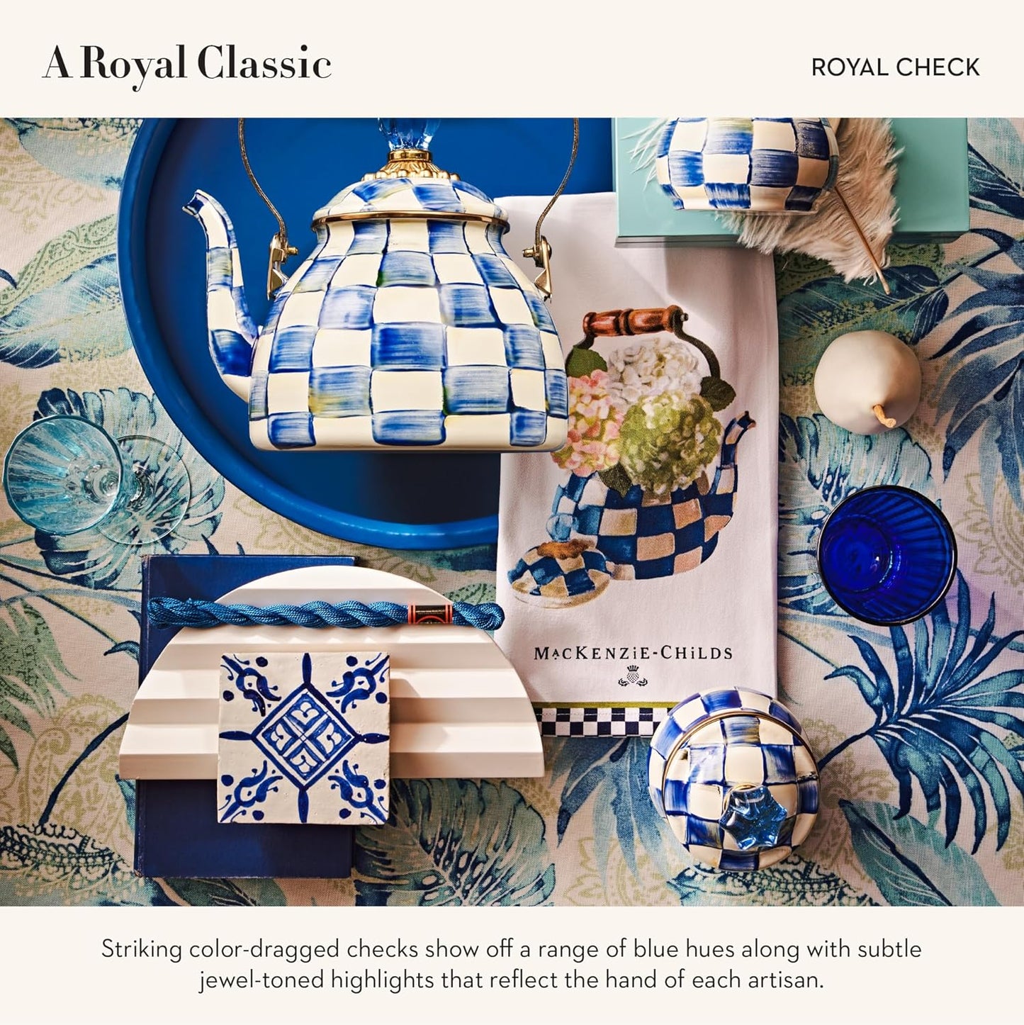 MACKENZIE-CHILDS Enamel Lidded Sugar Bowl, Small Serving Bowl with Lid, 10-Ounce Capacity, Blue-and-White Royal Check