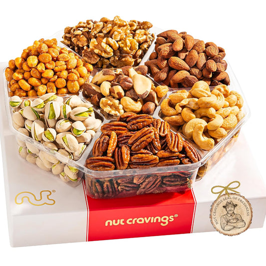 NUT CRAVINGS - Mixed Nuts Gift Basket in Red Gold Box (7 Assortments, 2 LB) Food Arrangement, Healthy Snack Care Package, Food Assortments