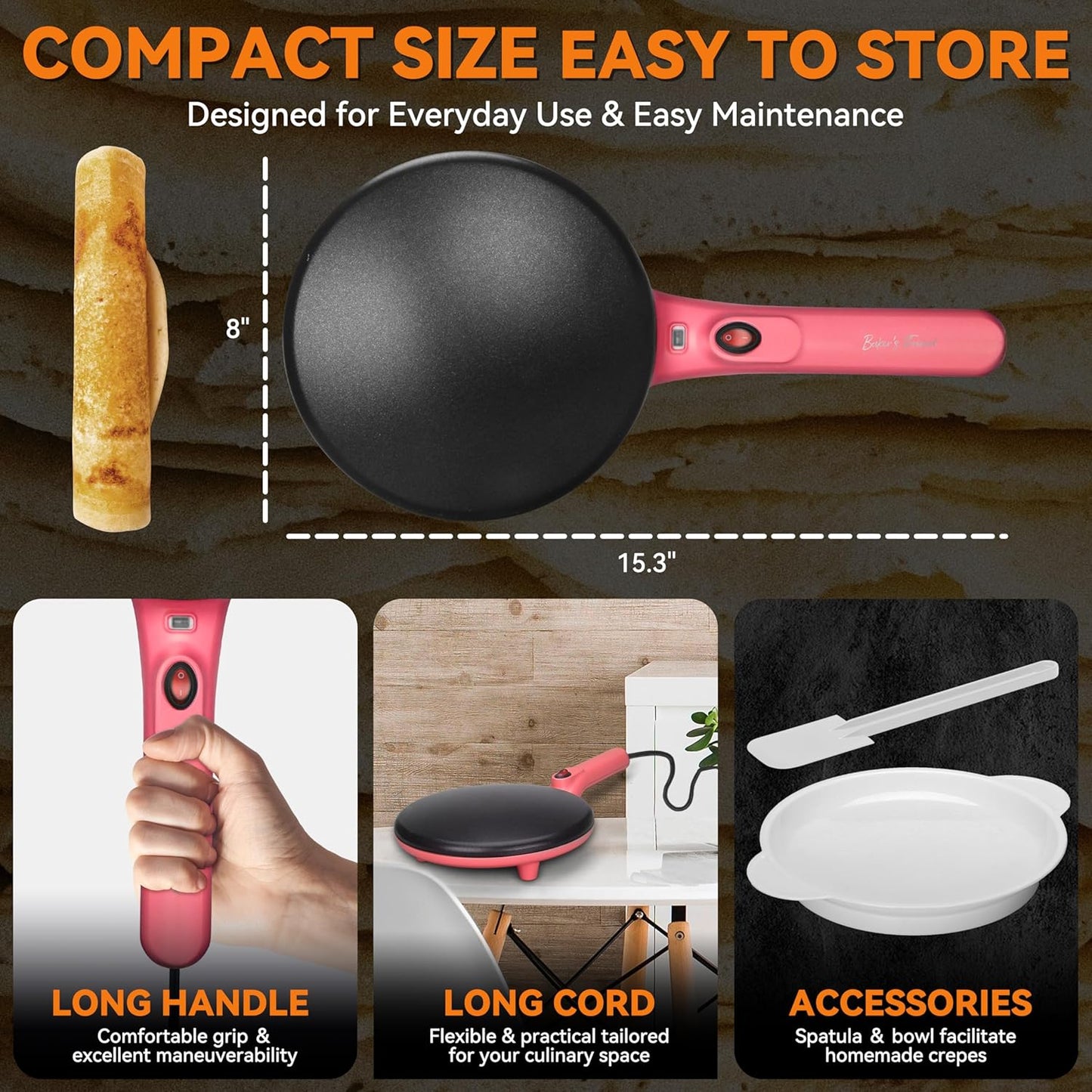 Baker's Friend Instant Crepe Maker with Handle, Electric Crepe Maker Machine, Crepera Electrica, 8 Inch Non-stick Cooking Surface, Raspberry Red