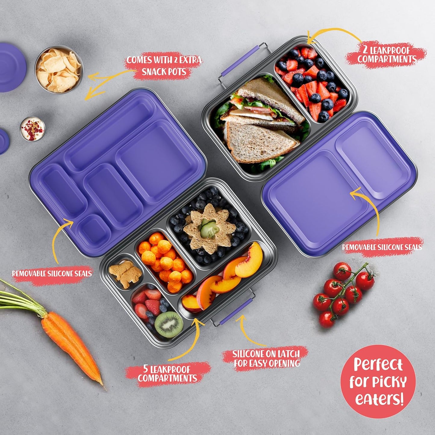 Stainless Steel Bento Box Kids, Kids Metal Bento Lunch Box BPA Free Lunch Box Containers 304 Stainless Steel Bento Box for School and Office(Purple)