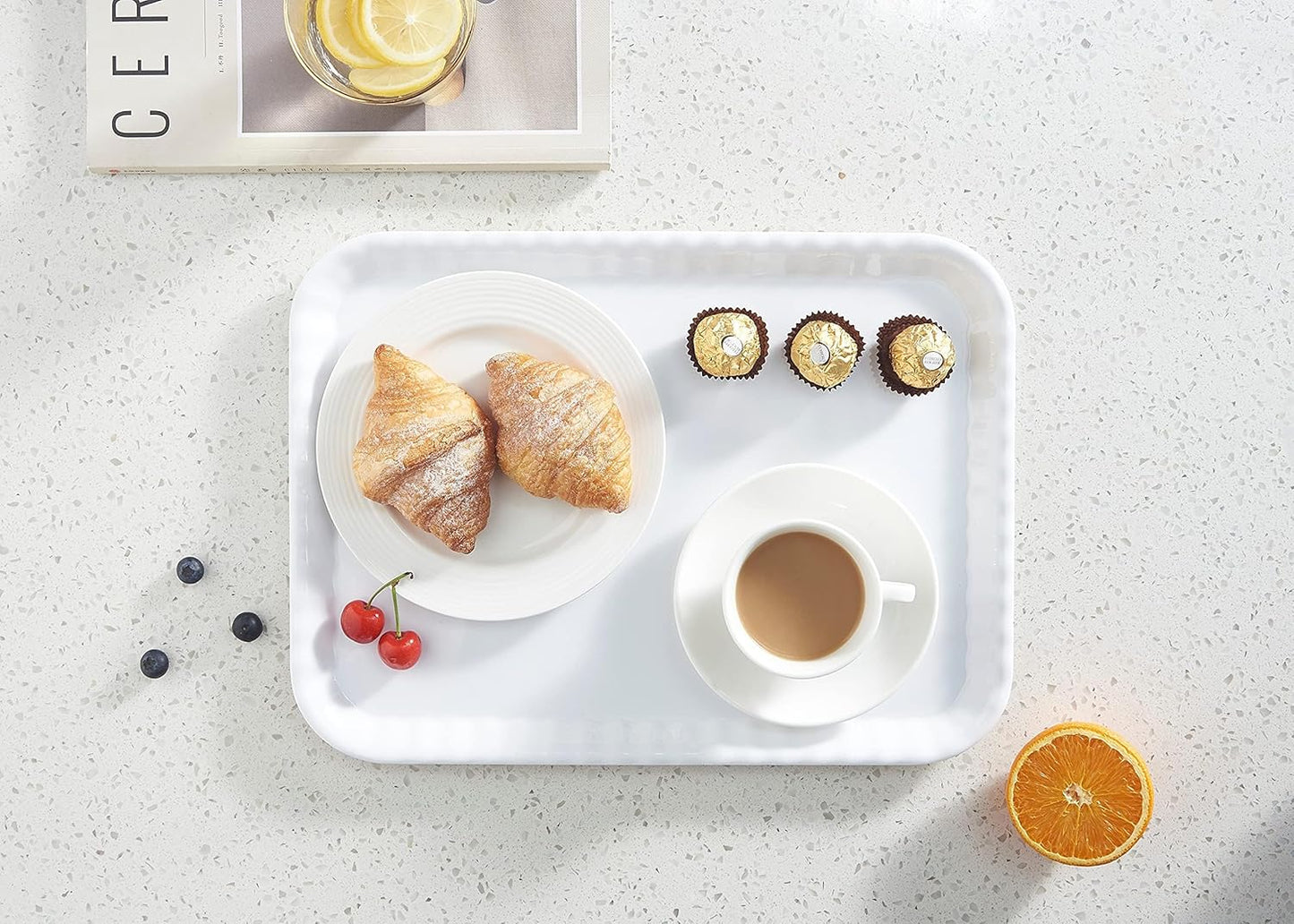 Blue Boat 15" x 11" Rectangular Serving Trays Set of 4 White, Melamine Serving Platter, Light Weight Easy to Clean Sturdy Stackable BPA-Free Dishwasher Safe