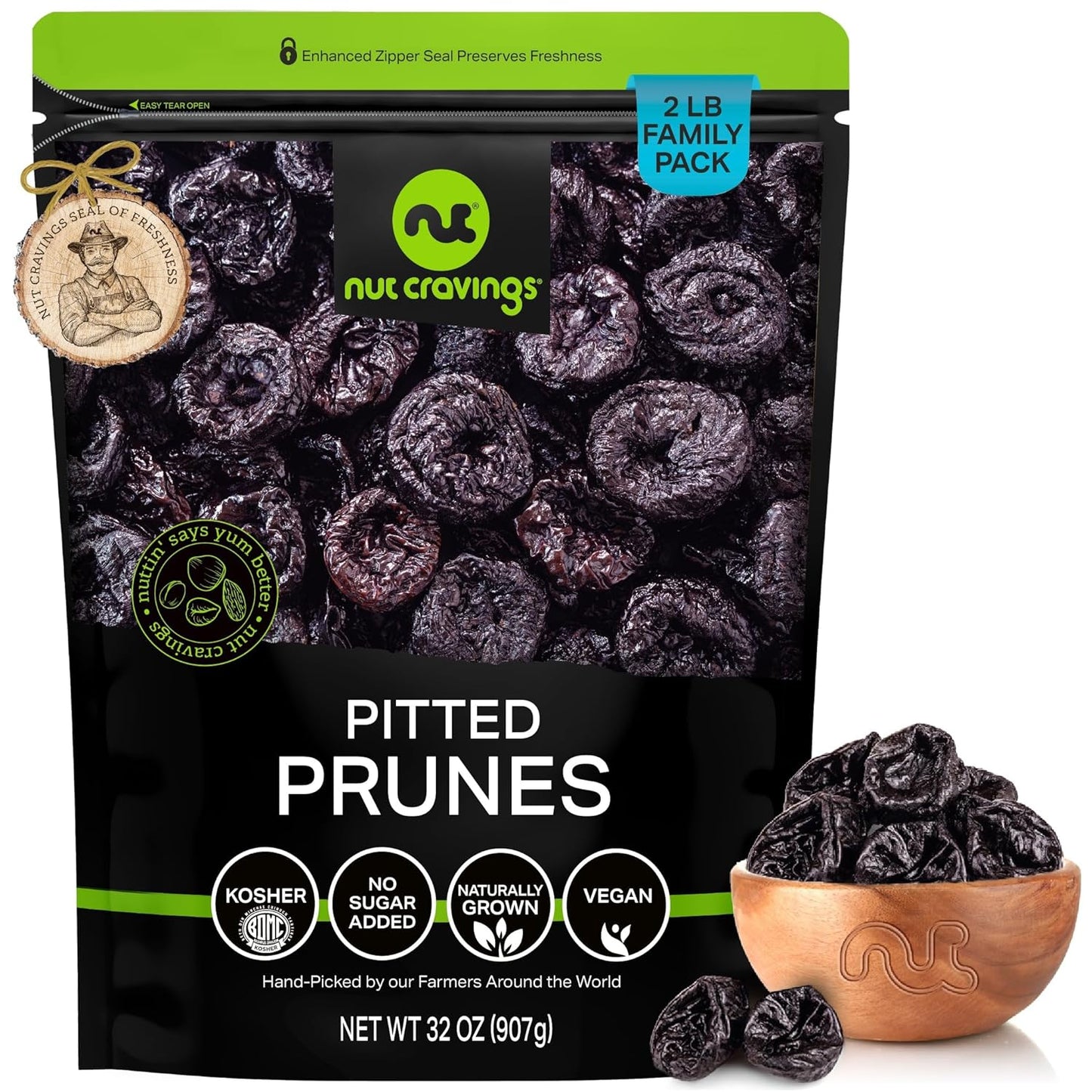 NUT CRAVINGS - Dried Prunes Pitted Unsweetened, Dry Plums No Sugar Added (32oz, 2 LB) Bulk Dry Fruits Packed Fresh in Resealable Bag - Sweet Healthy Snack, Naturally Grown, Vegan, Kosher
