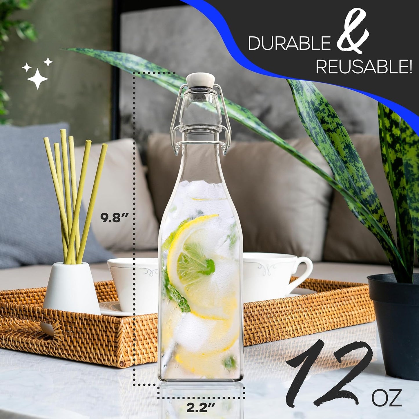 Nevlers 12 Oz Flip Top Glass Bottle 12 Pack | Square Swing Top Glass Bottles with Lids, Shrink Wrap, Paper Tags + String, Foldable Funnel, Cleaning Brush, & Gold Marker | Clear Syrup Container Set