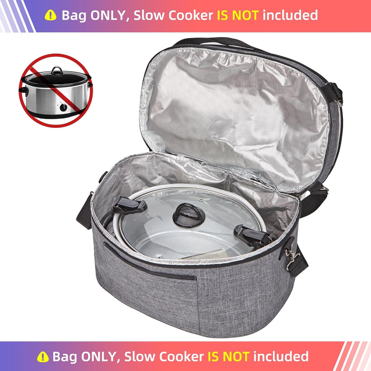 HOMEST Slow Cooker Bag for Crock-Pot 6-8 Quart, Insulated Travel Carrier with Easy to Clean Lining, Carry Case with Top Zip Compartment and Accessory Pocket