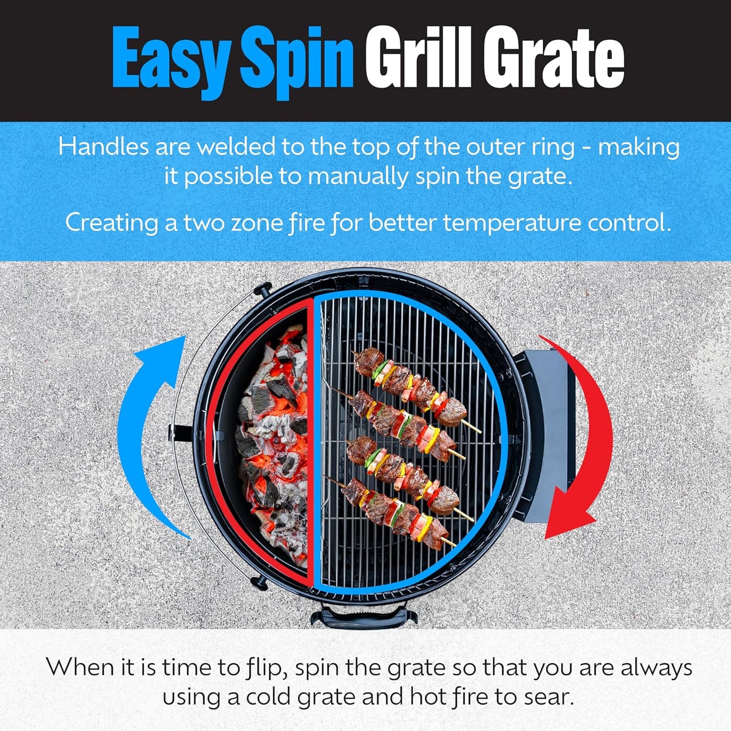 SnS Grills Slow ‘N Sear EasySpin Charcoal Grill Cooking Grate - Compatible with Weber and Other Grills, 2-Zone Stainless Steel Hinged Replacement - Tailgating & Backyard Cooking - 26” Inches