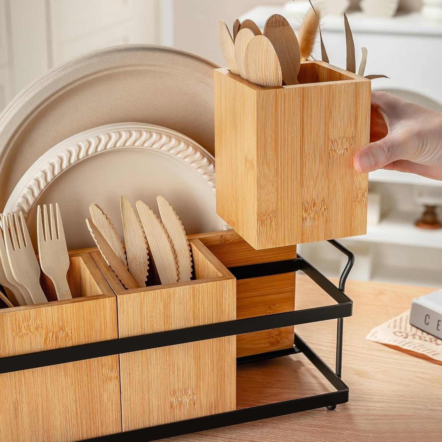 PTSTING Silverware Caddy Wood Utensil Holder Paper Plate Dispenser Silverware Utensil Caddy Cutlery Flatware Organizer Box for Spoons Forks Plates Napkins