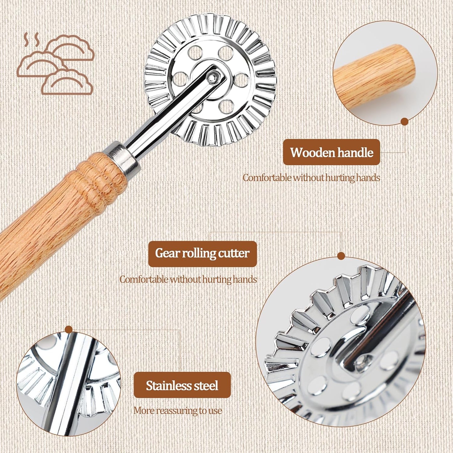 Long Handle Large Cutter Wheel - Exquisite Wooden Handle, Perfect for Pasta, Pizza, Ravioli, Cookie - Versatile Crinkle and Biscuit Cutter for Effortless Slicing
