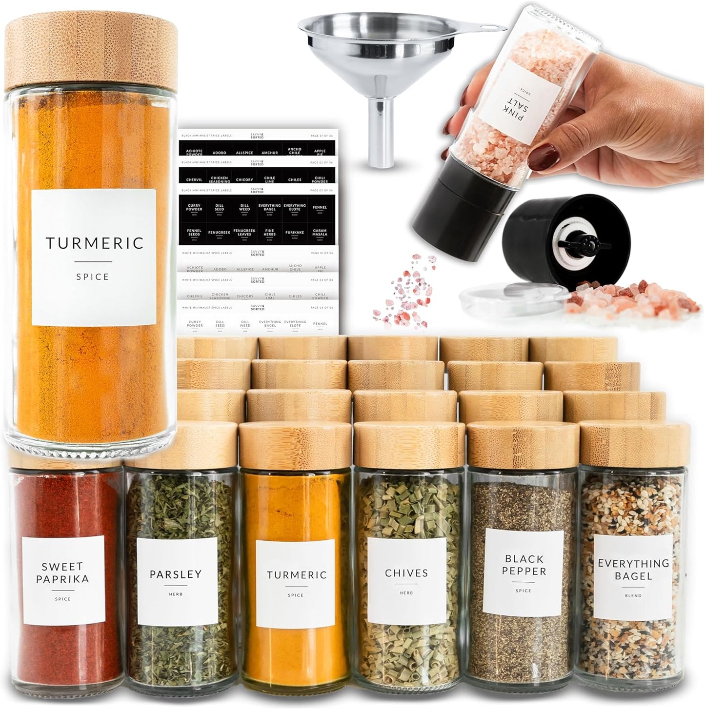 SAVVY & SORTED Glass Spice Jars with Label, 24PK Round Bamboo Jar Spices Set 4oz, 374 Spice Labels, Pepper Grinder, Empty Herb Seasoning Containers, Funnel and Shaker Lids
