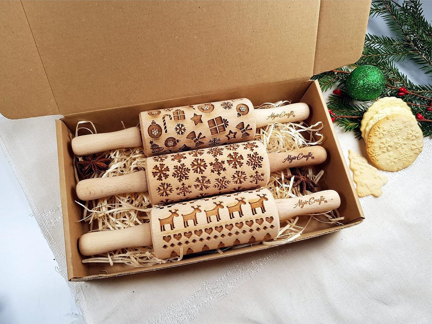 CHRISTMAS 3 Mini Embossed Rolling Pin Set Wooden Laser Engraved Textured rolling pins with Snowflakes, Elks, Christmas Trees and Gifts for Cookies by Algis Crafts