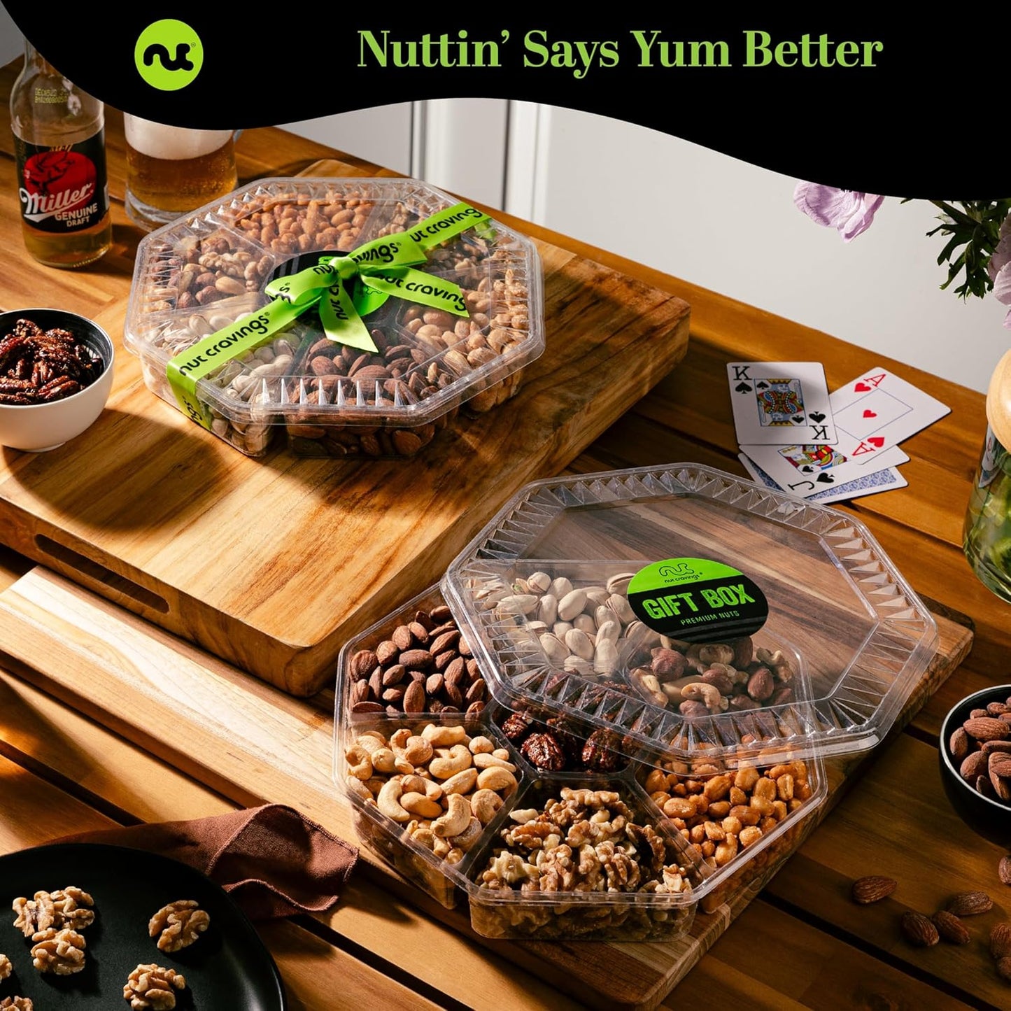 NUT CRAVINGS - Mixed Nuts Gift Basket + Heart Ribbon (7 Assortments) Food Arrangement, Healthy Snack Care Package, Food Assortments