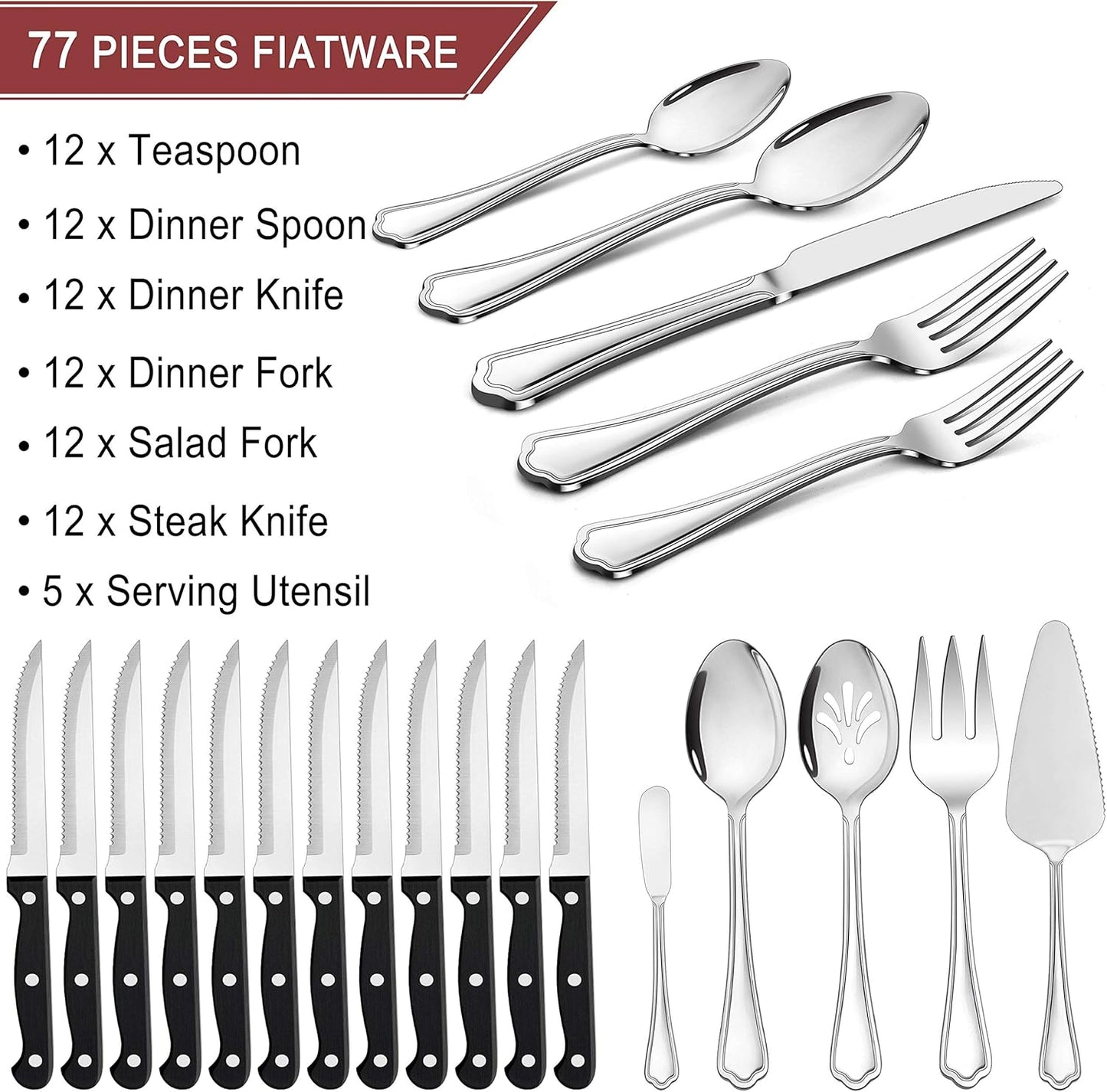 LIANYU 77-Piece Silverware Flatware Set for 12, Plus Steak Knives and Serving Utensils, Stainless Steel Flatware Cutlery Set, Eating Utensils Tableware with Scalloped Edge, Dishwasher Safe
