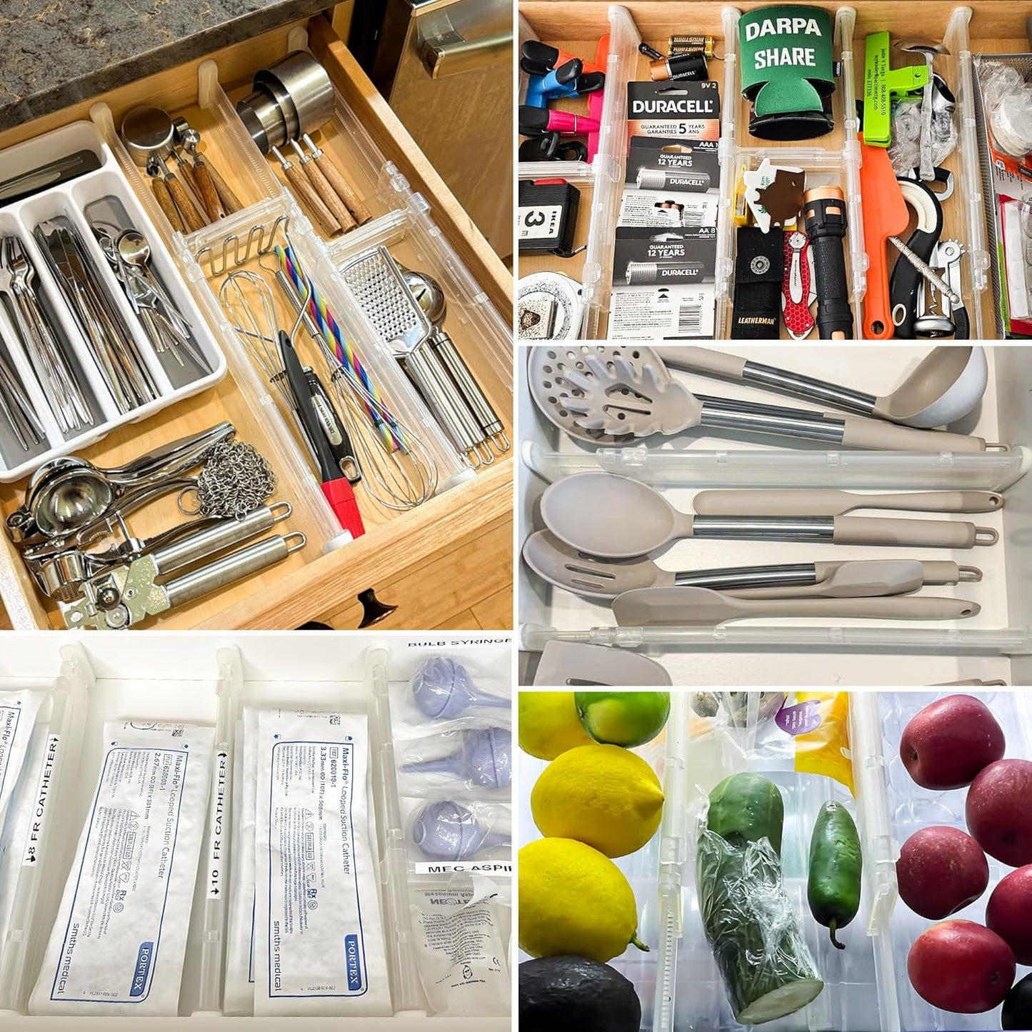 HiYZ Expandable Drawer Dividers - 12.6-22.8'' Adjustable Drawers Organizers for Kitchen Utensils, Drawer Separators in Bedroom, Dresser, Office, Bathroom, Fridge, 5 Pack Long Dividers-Clear