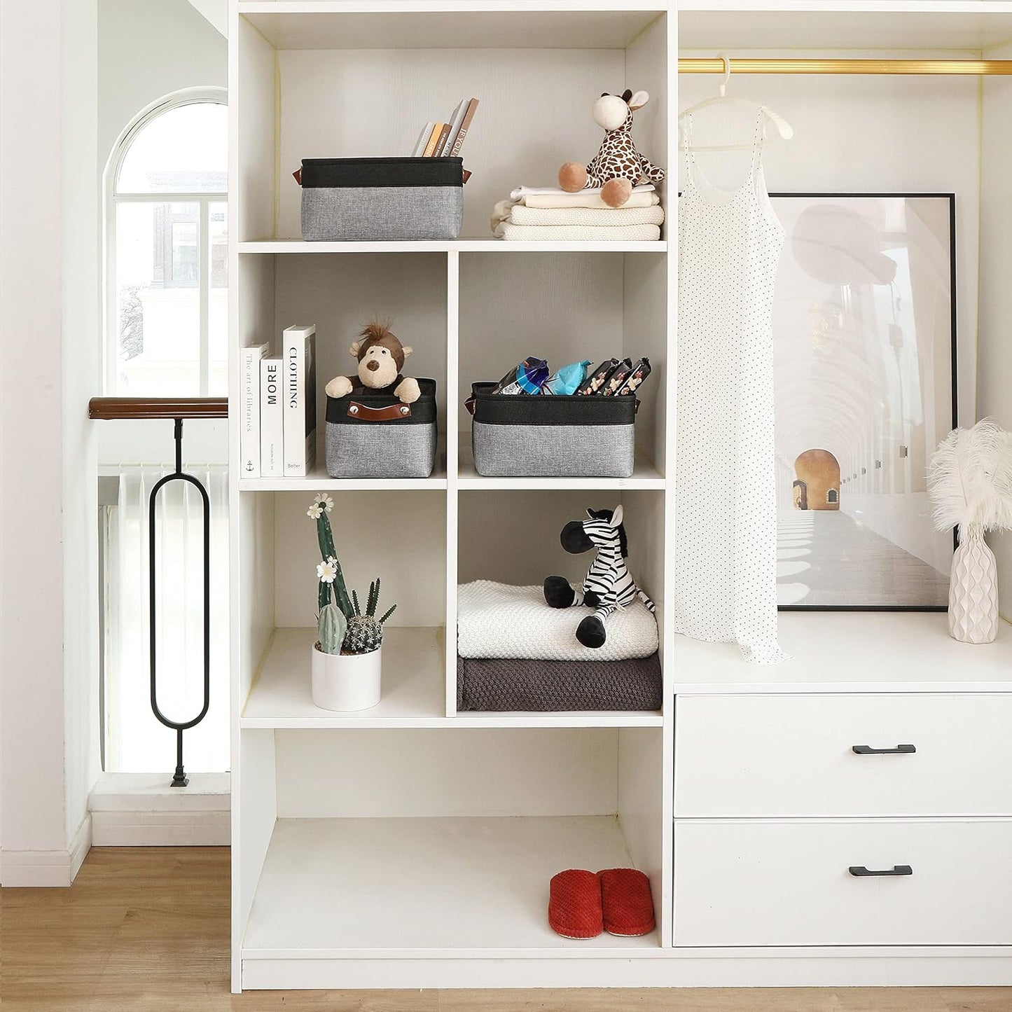 OrganiHaus Small Fabric Storage Baskets for Shelves 3 Pack, 12x8in Closet Storage Bins for Shelves, Cloth Baskets for Organizing, Linen Closet Organizers, Fabric Basket, Gray/Black