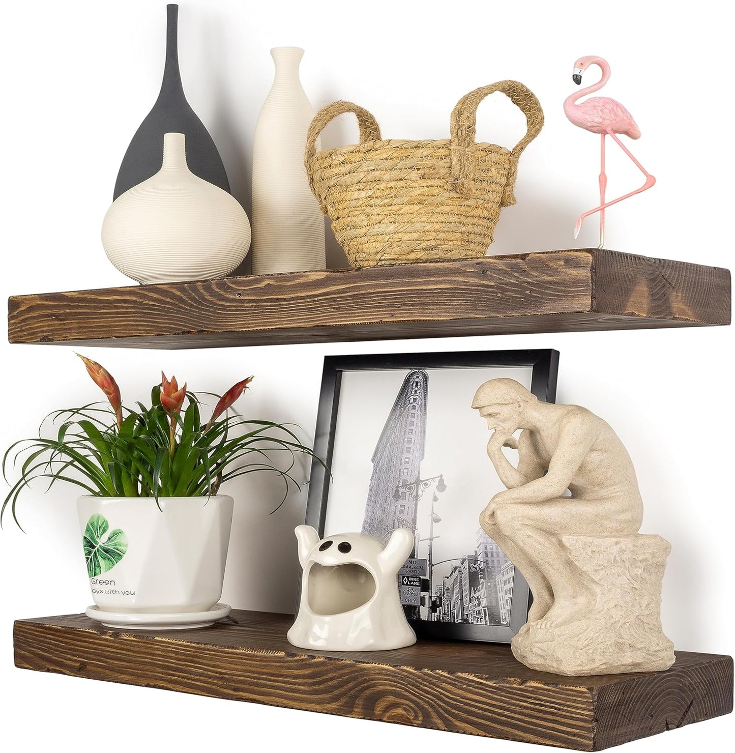 Distressed Floating Shelves 24 inch Long Set of 2,8 inch deep Solid Wood Wall Mounted Shelves for Living Room Kitchen,Book Shelf for Wall with Hidden Bracket- Distressed Black Walnut