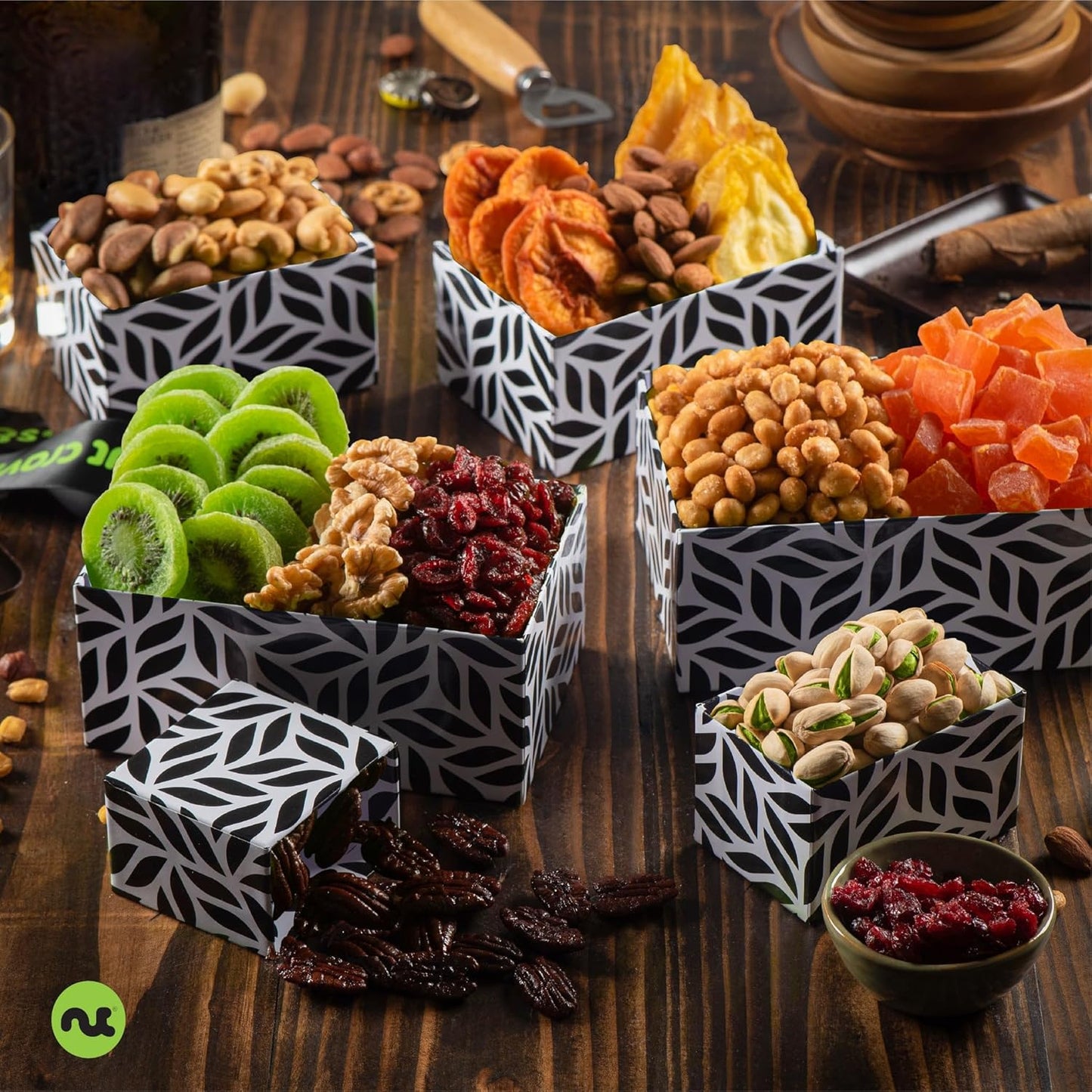 NUT CRAVINGS - Dried Fruit & Mixed Nuts Gift Basket Leaf Tower + Ribbon (12 Assortments) Food Arrangement, Healthy Snack Care Package, Food Assortments