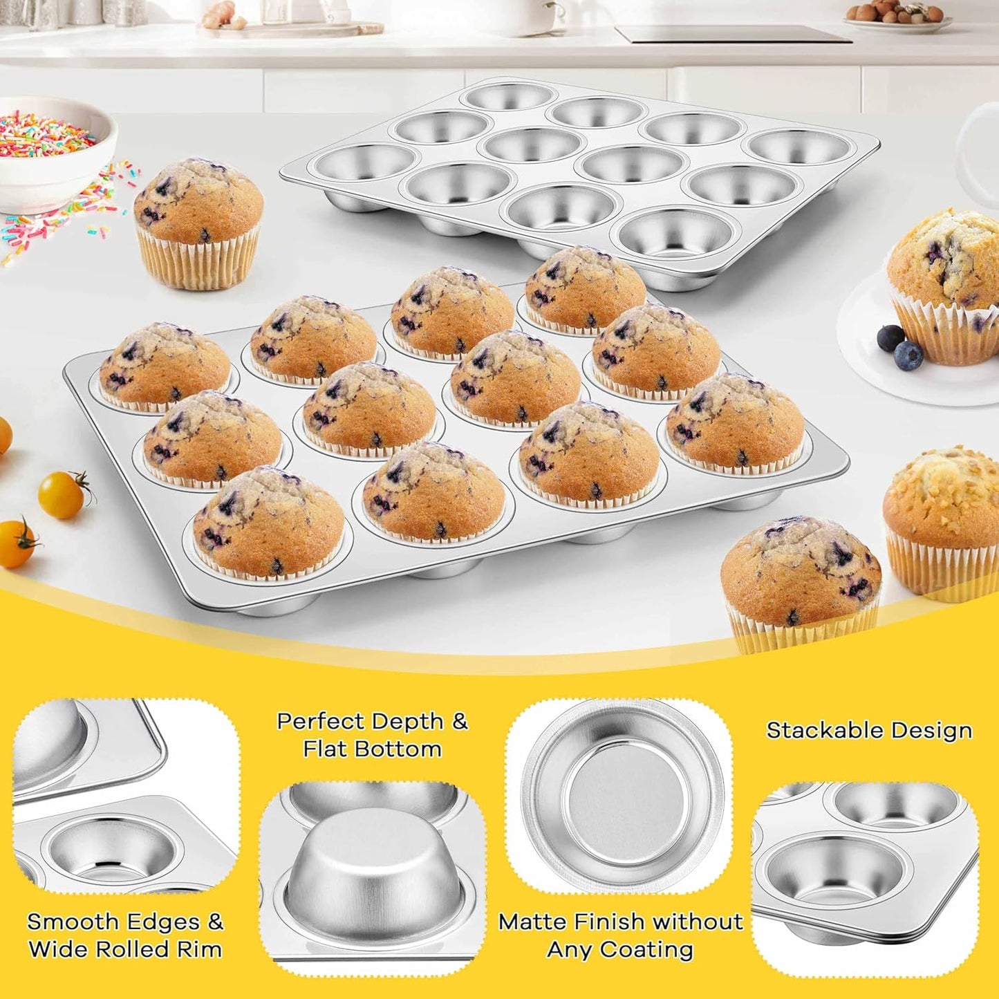 Homikit 3 Pack Muffin Pan, Stainless Steel Cupcake Tin with 12 Cups Regular Size, 13.8" x 10.4" Nonstick Metal Egg Bites Tray for Oven Baking, Non Toxic & Rust Free, Easy Release & Dishwasher Safe