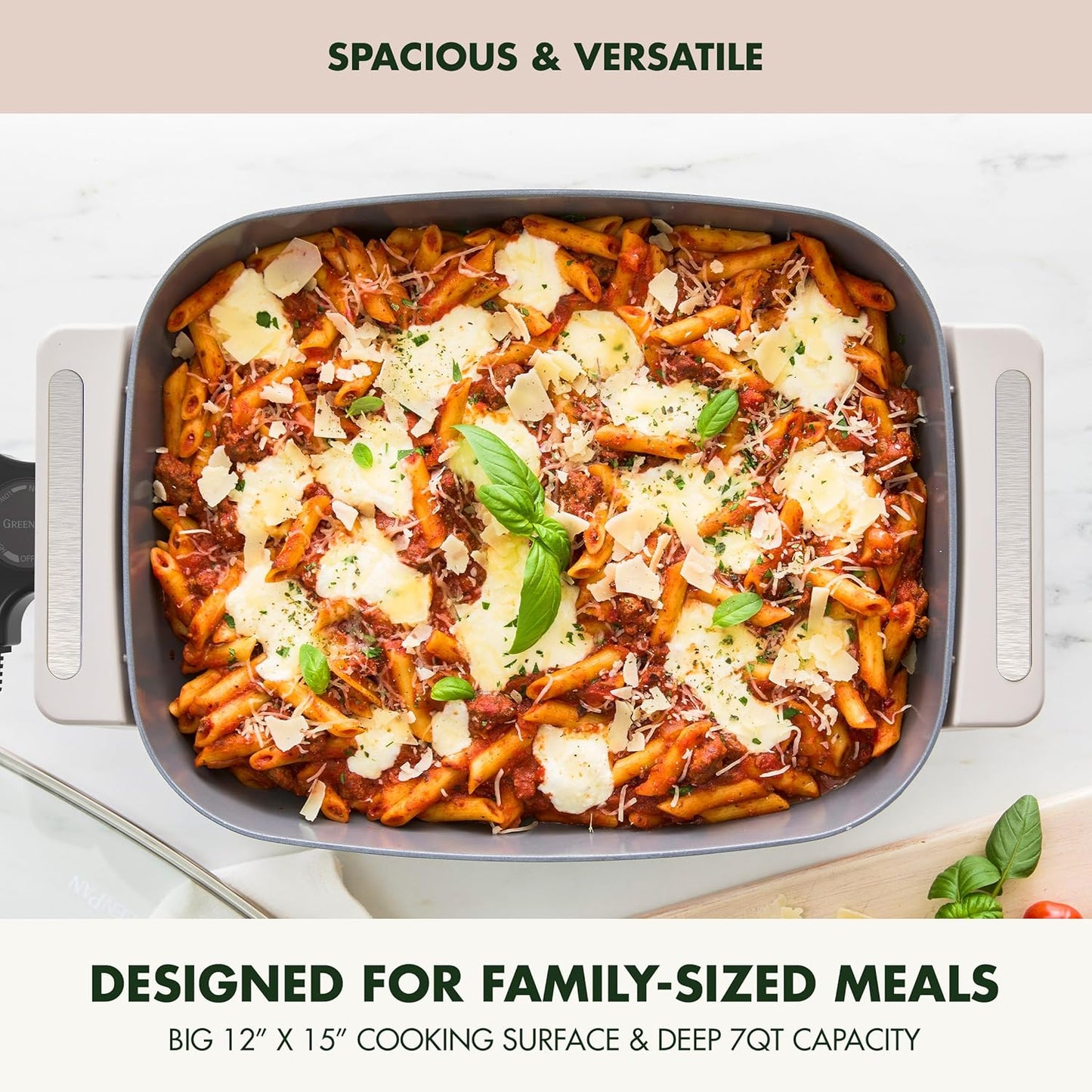 GreenPan Advanced 12” X 15” Electric Skillet with Lid, 7QT Capacity for Family Meals, Healthy Ceramic Nonstick PFAS-Free Coating, Fry, Sauté, Steam, Simmer, Sear, Stir Fry, Dishwasher Safe, Clay