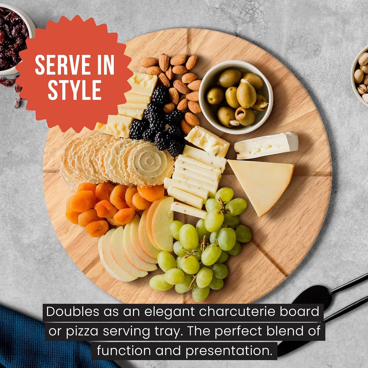 Chef Pomodoro 14" Pizza Cutter Rocker Blade and Pizza Cutting Board Set – Premium Stainless Steel Pizza Slicer with Wooden Pizza Serving Board – Pizza Wooden Board with Pizza Cutting Guide