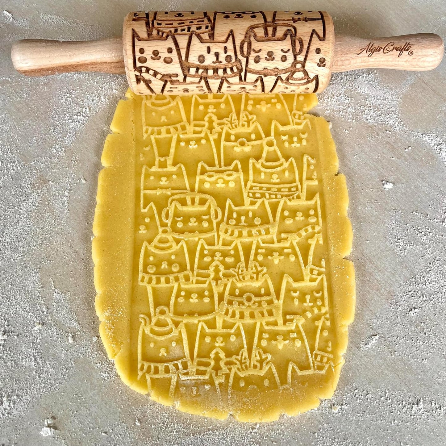 CATS 3 Mini Embossed Rolling Pin Set – Wooden Laser-Engraved Textured Rolling Pins for Cookies, Modeling Clay, Ceramics – Various Cat Patterns by Algis Crafts