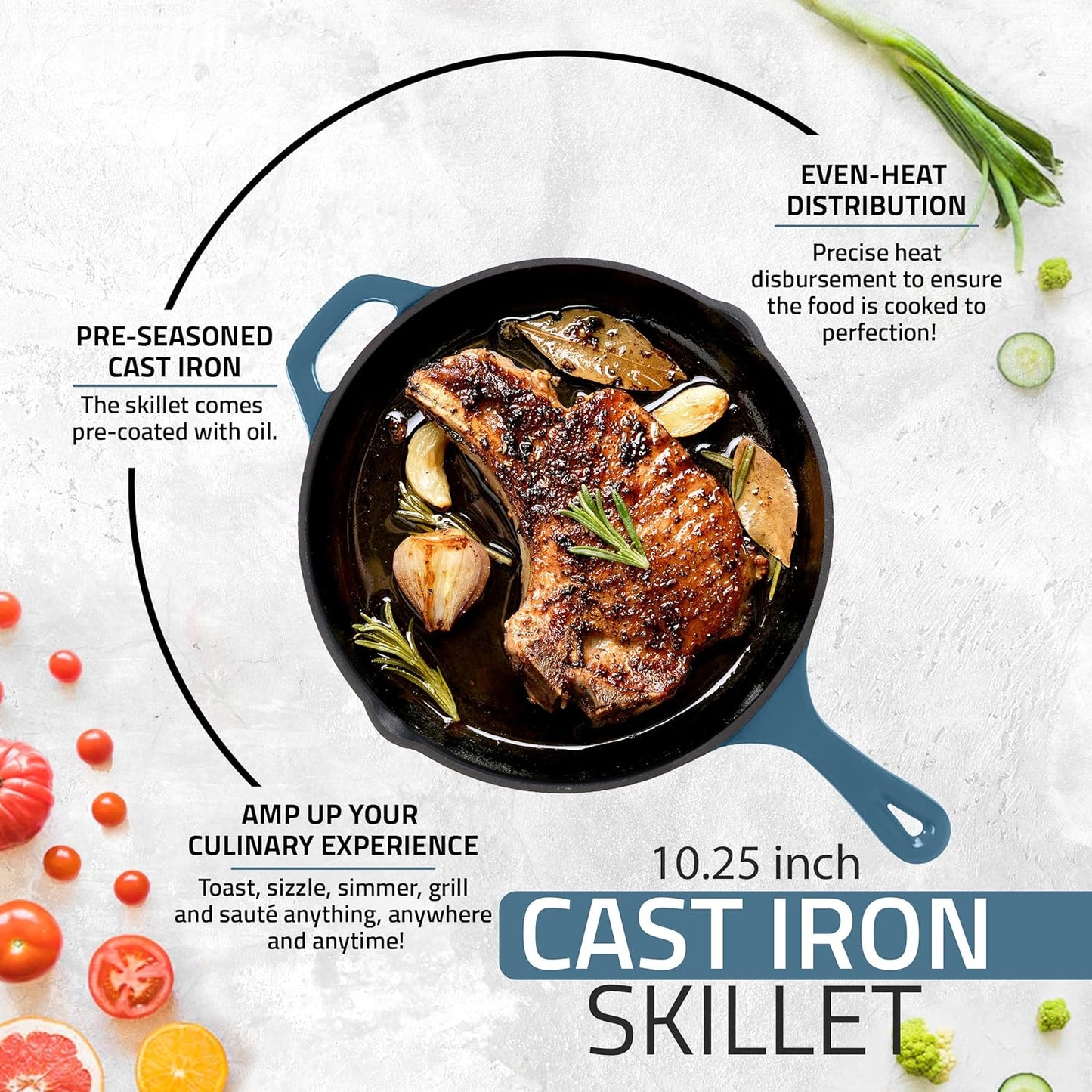 Utopia Kitchen Cast Iron Frying Pan 10.25 Inch, Cast Iron Chefs Pan, Pre Seasoned Skillet, Safe Grill Cookware for Indoor & Outdoor Use, Teal