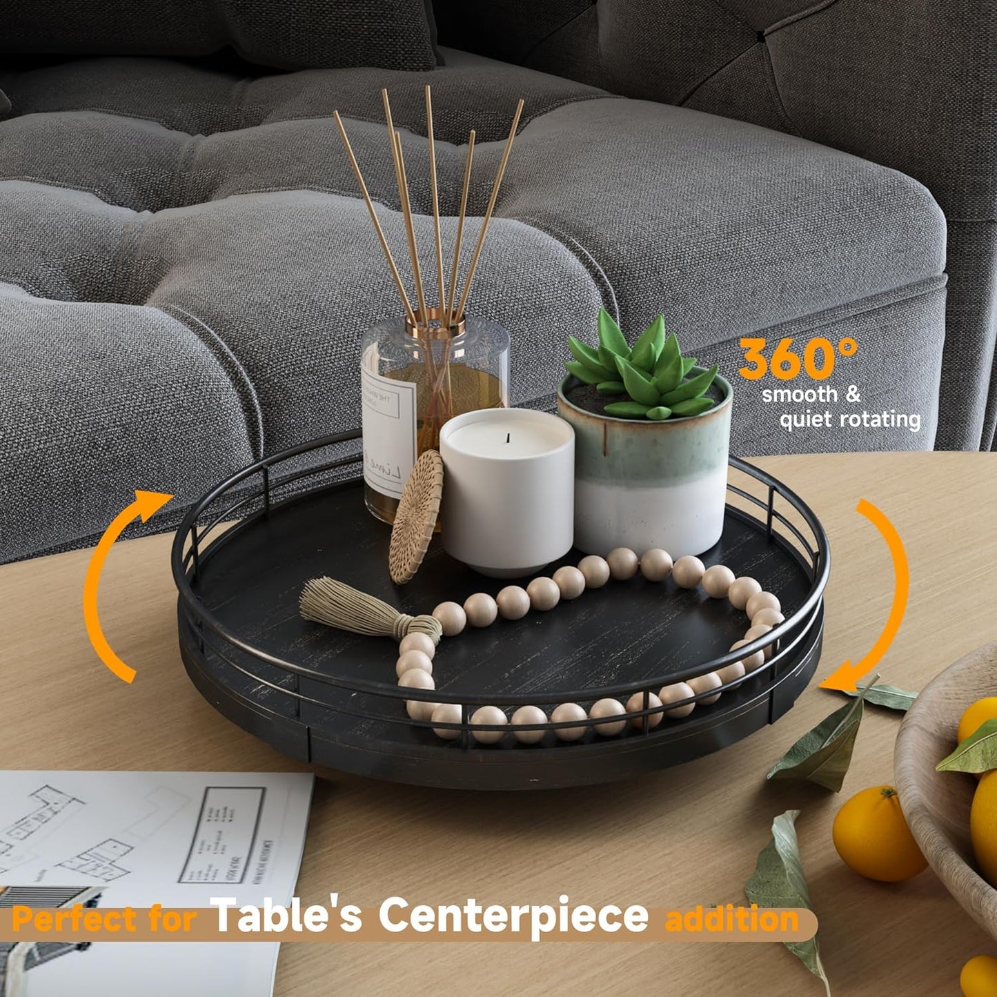 9" Oak Bathroom Vanity Tray Turntable for Perfume Candle, Round Wooden Decorative Tray for Kitchen Sink Countertop Organizer, Bathroom Counter Organizer for Skincare Makeup, Farmhouse Black Gold