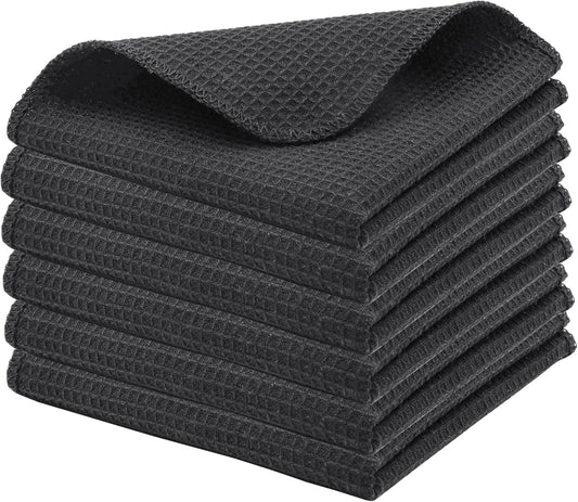 PurpleEssences Dish Cloths and Dish Rags - 6 Pack Waffle Weave Solid Kitchen Dish Wash Cloths, 100% Cotton, 12 x 12 Inches, Ultra Soft Absorbent Quick Drying - Spring Summer - Dark Grey