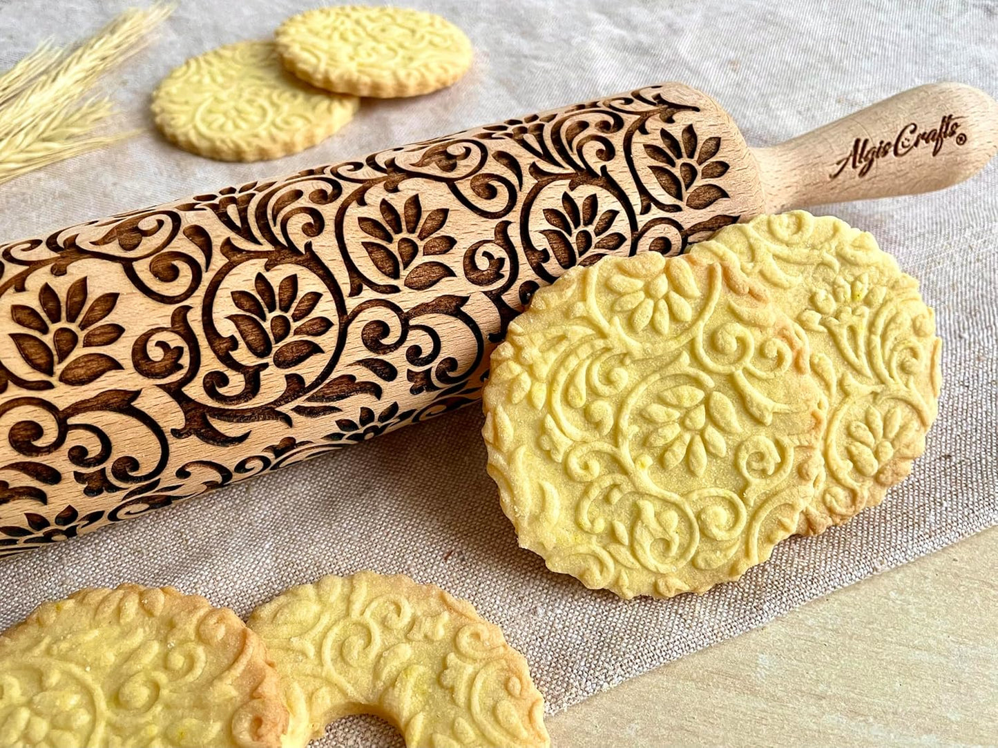 FLOWERING VINE Embossing Rolling Pin. Laser Engraved Dough Roller with Climbing Flowers Pattern for Embossed Cookies or Pottery by Algis Crafts