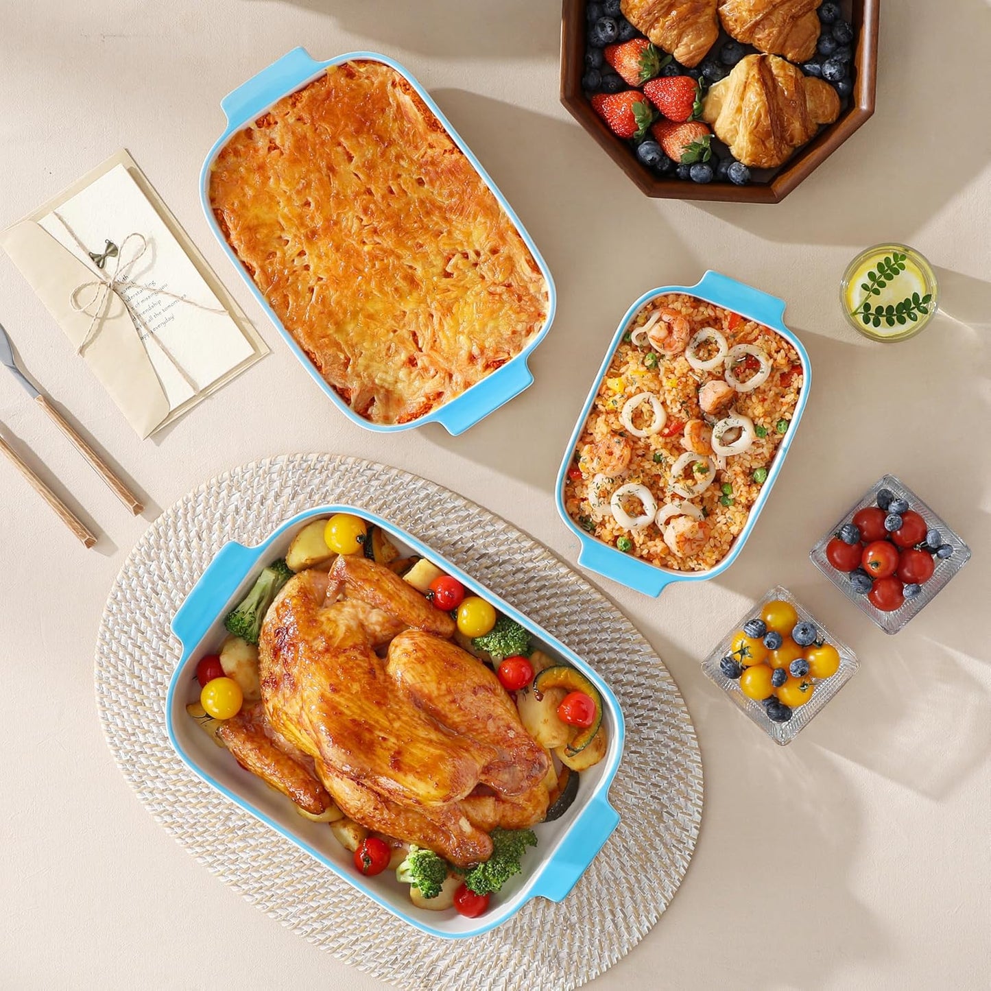 MALACASA Casserole Dishes for Oven, Ceramic Baking Dishes Set of 3, Rectangular Lasagna Pan Deep Baking Pans, Bakeware Sets with Handles Gift Set, White with Blue Trim(13.8''/11.7''/9.4''), Series BAKE