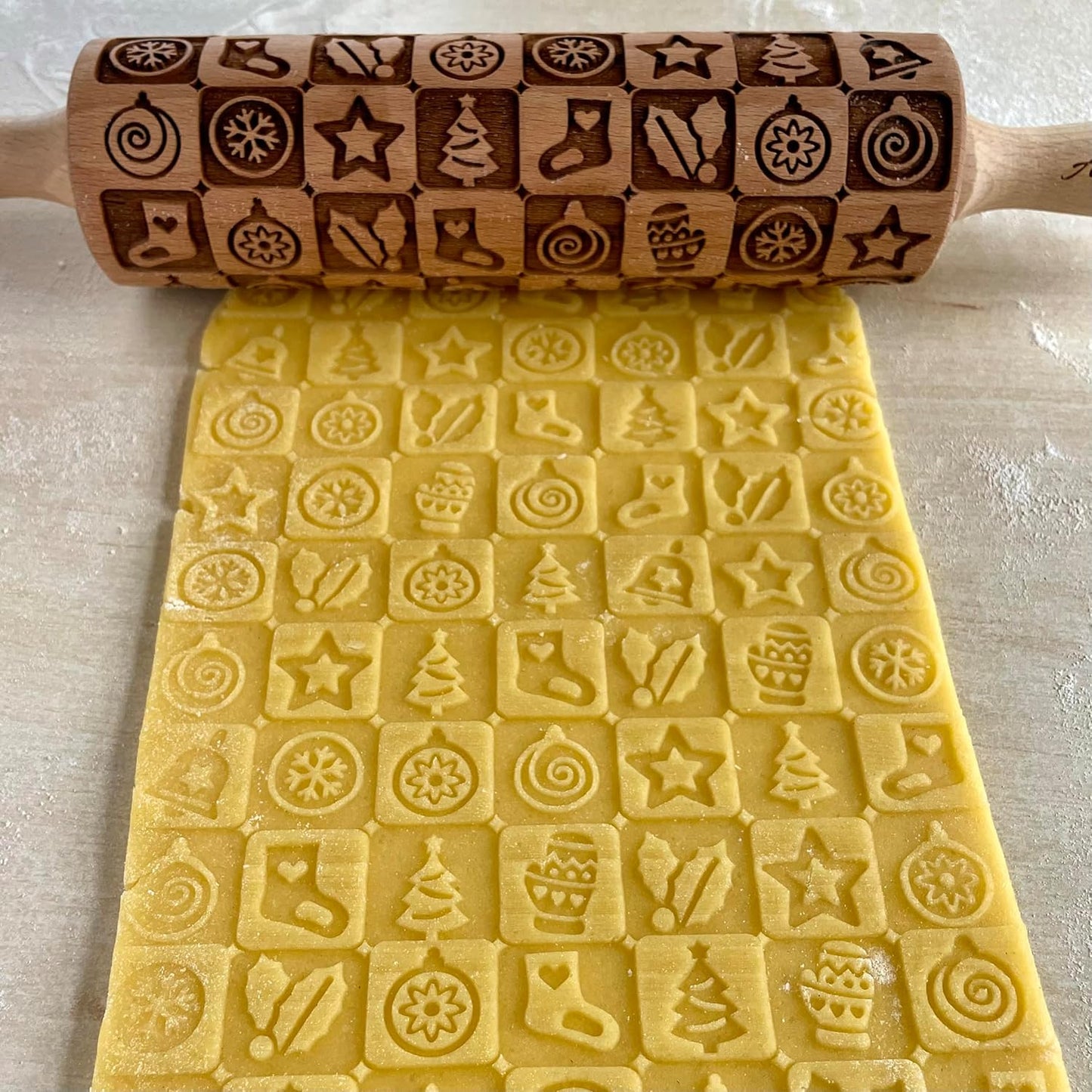 CHRISTMAS TILES Embossing Rolling Pin. Laser Engraved Dough Roller for Embossing Homemade Christmas Cookies by Algis Crafts
