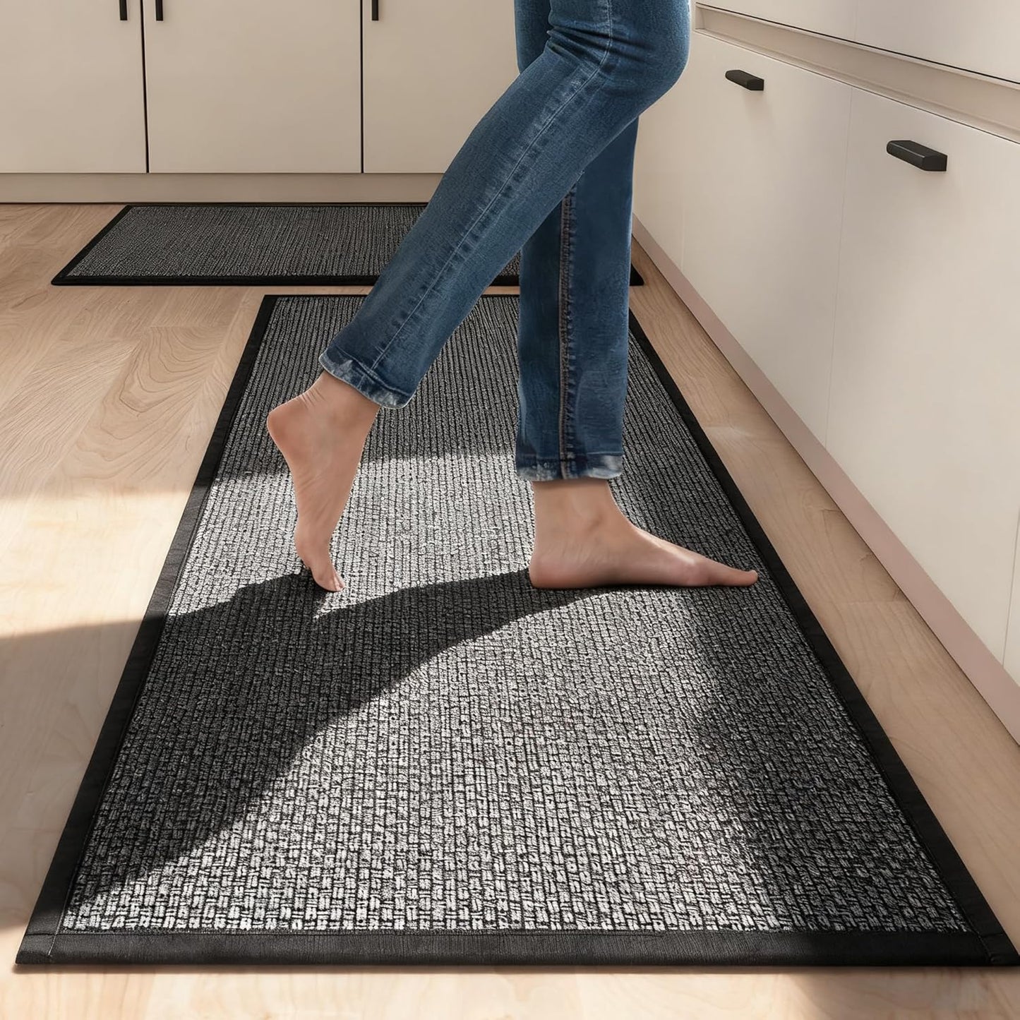 Kitchen Mat Set of 2 PCS, Cushioned Non Slip Rugs for Kitchen Floor, Absorbent Runner Comfort Standing Mats Washable for Kitchen, Office, Home, 17.3"x47"+17.3"x30" (Black)