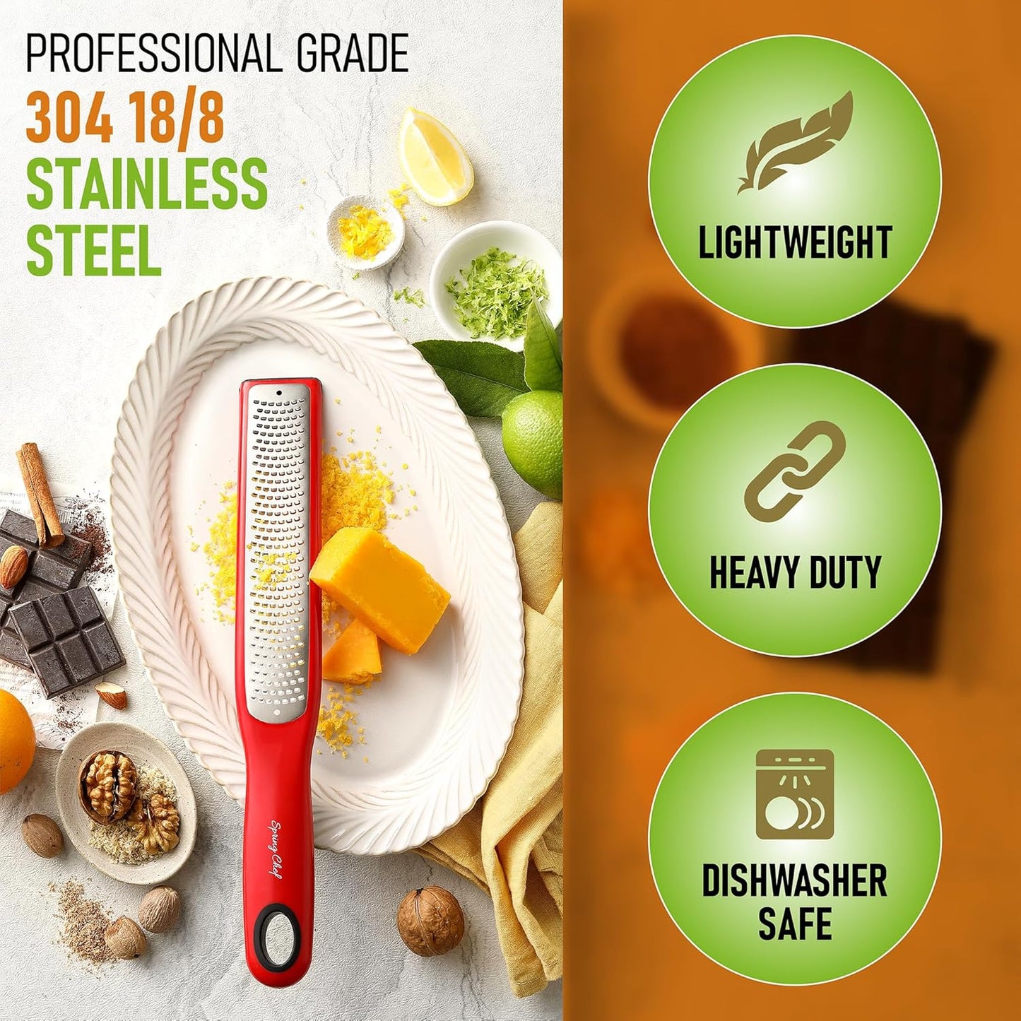 Spring Chef Premium Red Lemon Zester Grater with Handle - Fruit, Garlic, Citrus, Nutmeg, Orange Zester Tool - Heavy Duty Kitchen Shredder - Stainless Steel Ginger Grater with Blade Cover - Fine Shred