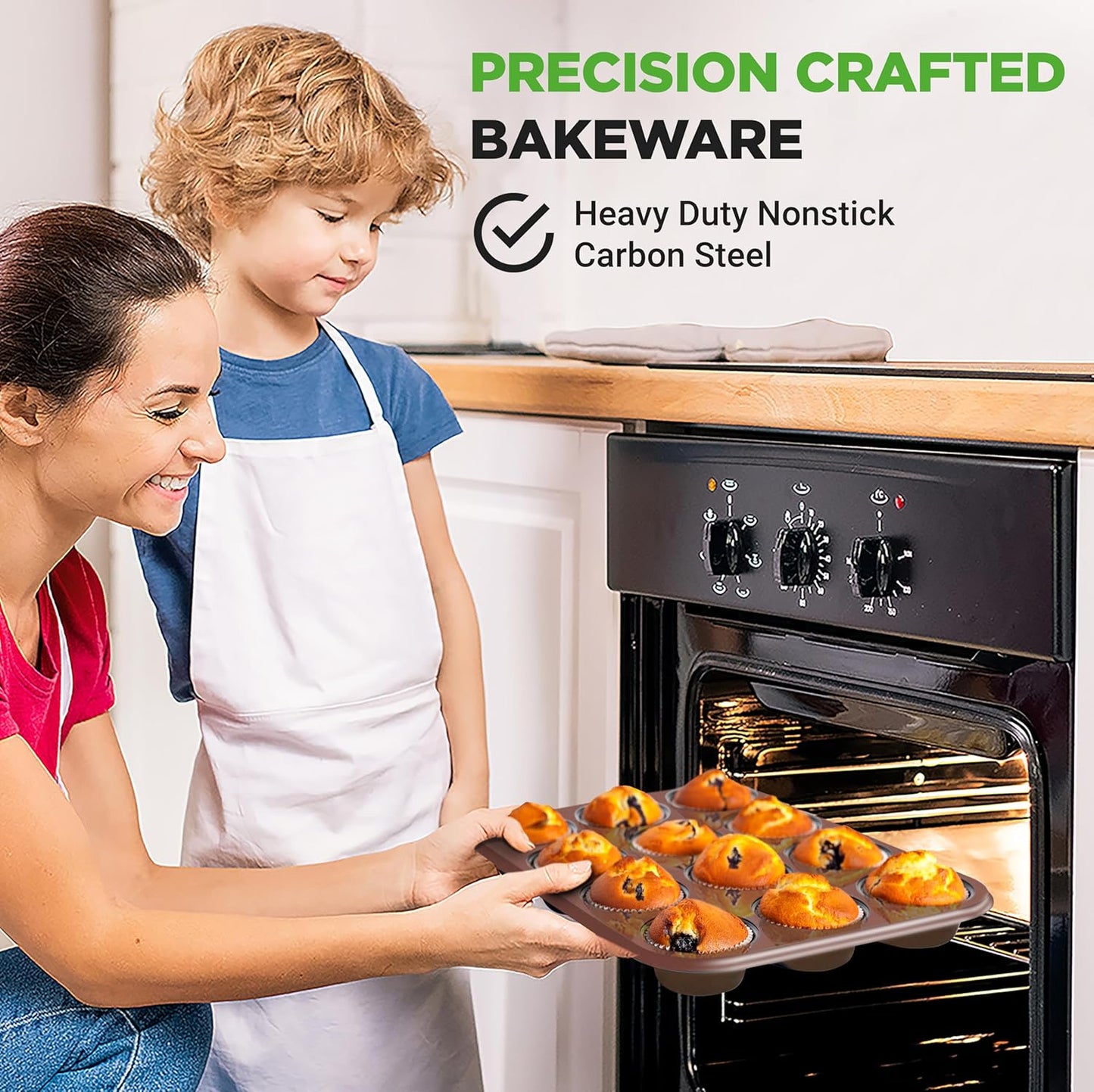 NutriChef Muffin Pans for Baking 4-Pack | Nonstick 12 Mold Cupcake Tins | Carbon Steel Stackable Cup Cake Trays | Dishwasher & Oven Safe | Includes 200 Parchment Paper Liners | 13 x 10 x 1 | Gold