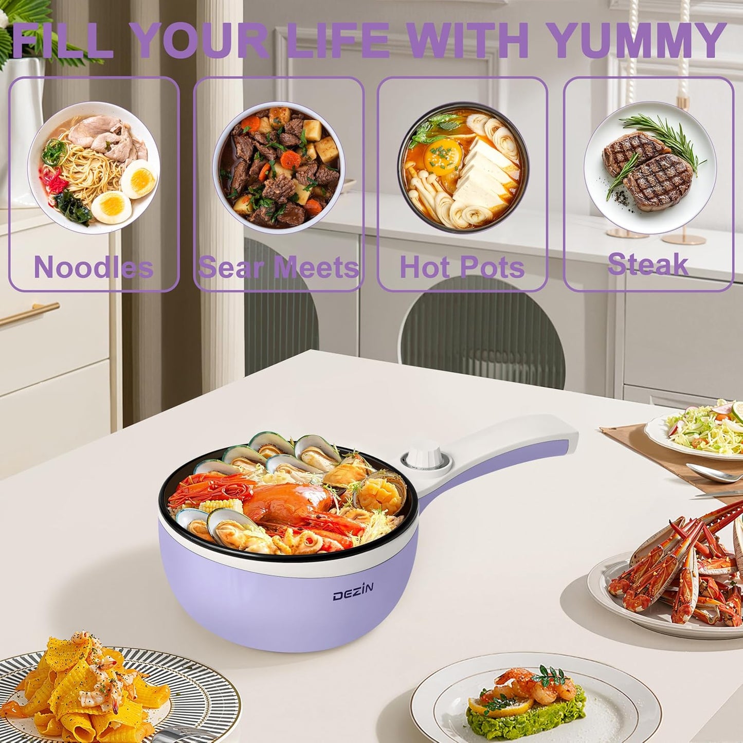 Dezin Hot Pot Electric Upgraded, Non-Stick Sauté Pan, Rapid Noodles Electric Pot, 1.5L Mini Portable Hot Pot for Steak, Egg, Fried Rice, Ramen, Oatmeal, Soup with Power Adjustment