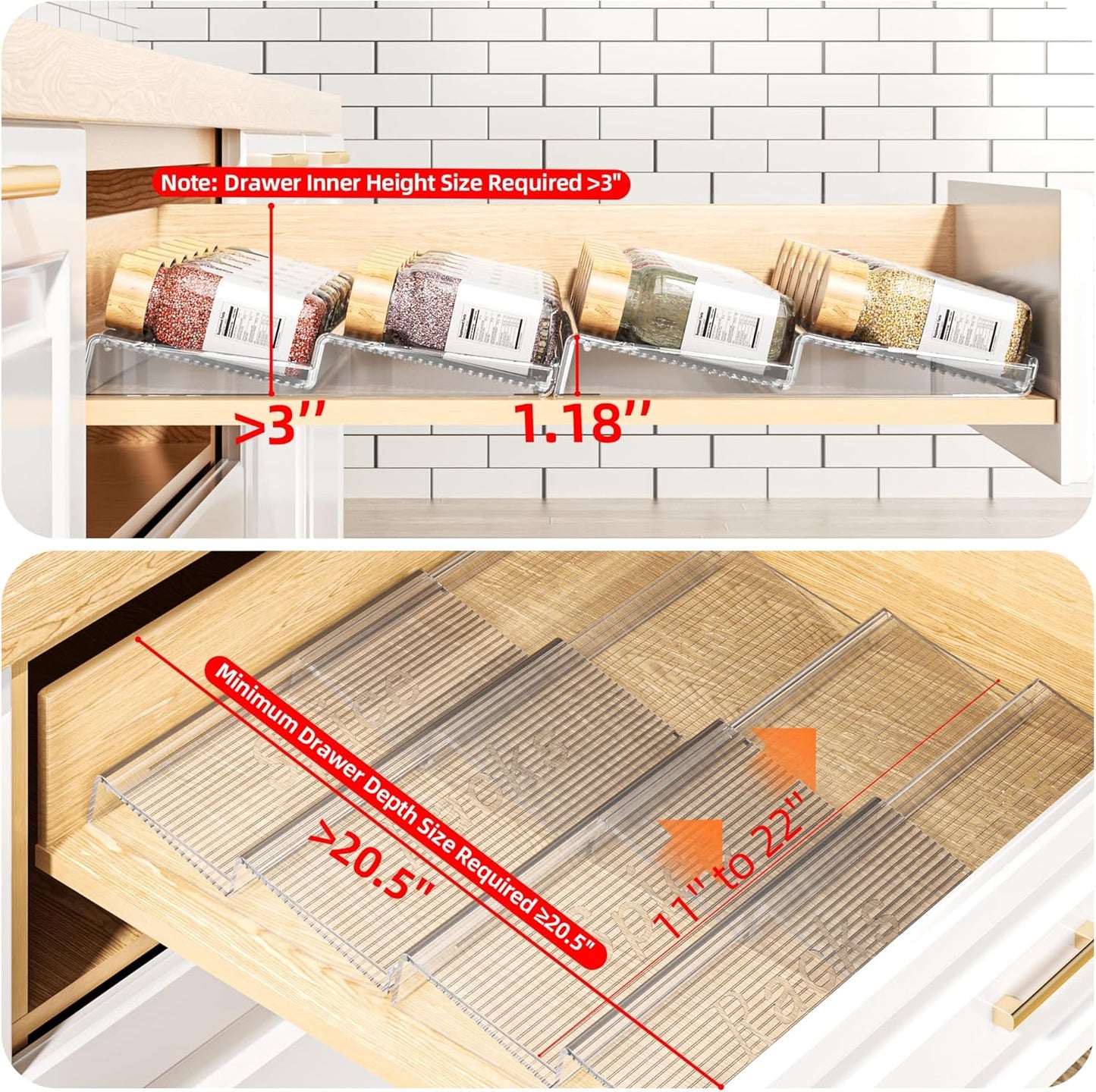 Spice Drawer Organizer, 2 Tier- 2 Pack Clear Acrylic Drawer Seasoning Organizer, Expandable From 11'' to 22'' Kitchen Spice Rack Organizers and Storage for Drawer (Jars not included)
