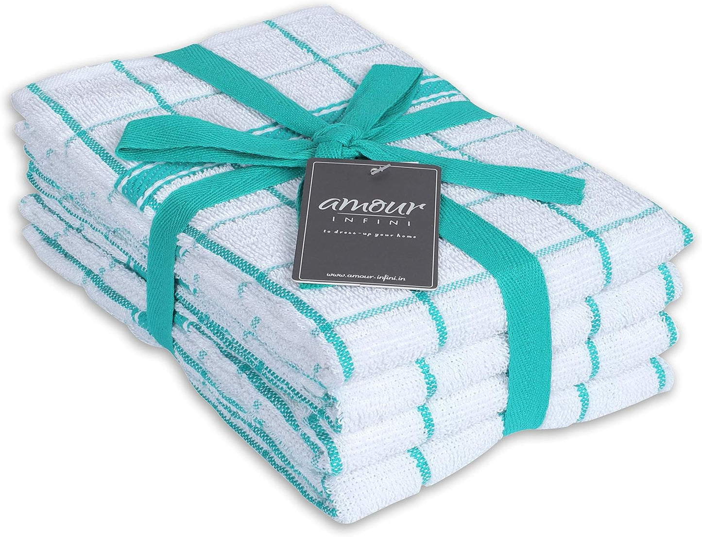 AMOUR INFINI Terry Cotton Kitchen Towels 4-Pack - Large 18 x 28 Inch, Absorbent & Soft Dish Towel with Hanging Loop, Washable Ideal for Cleaning, Drying (Teal)