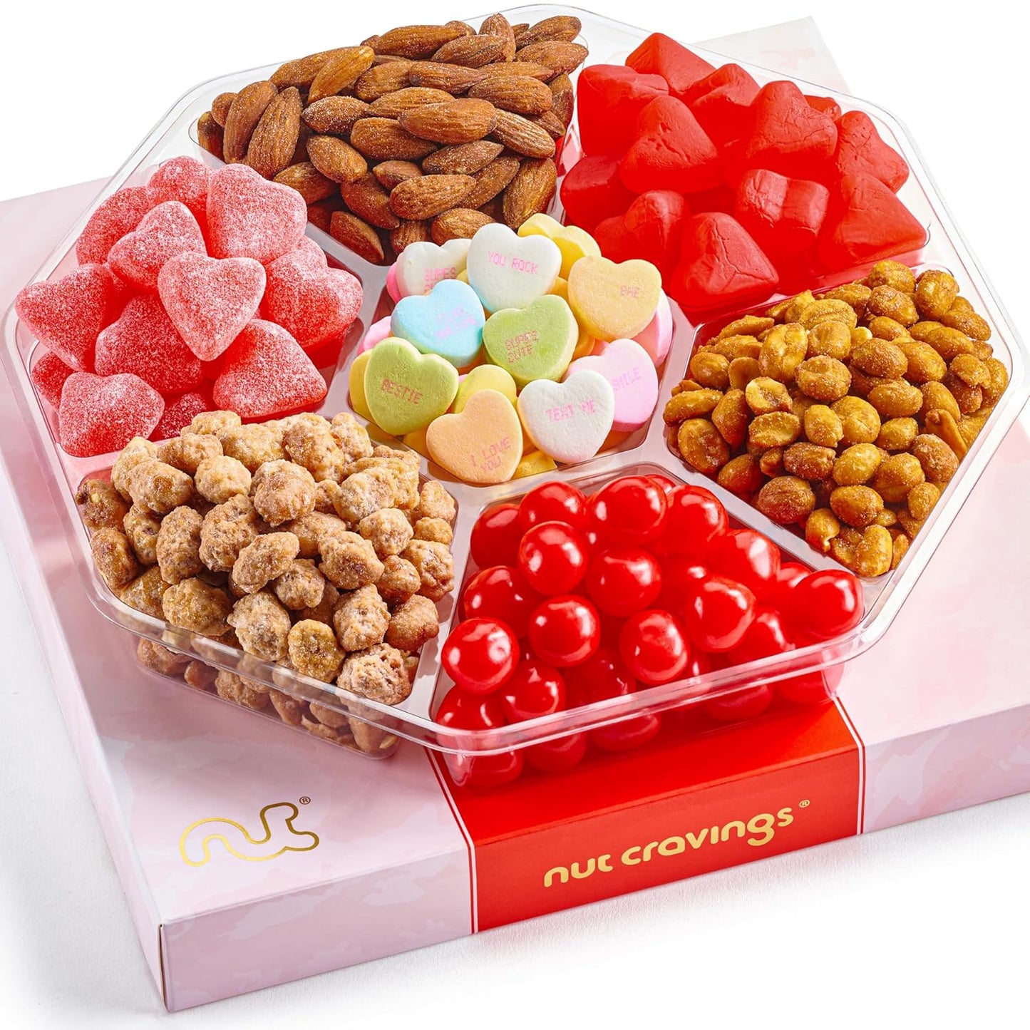 NUT CRAVINGS - Mixed Nuts & Heart Candy Gift Basket in Red Gold Box (7 Assortments, 1 LB) Food Arrangement, Healthy Snack Care Package, Food Assortments