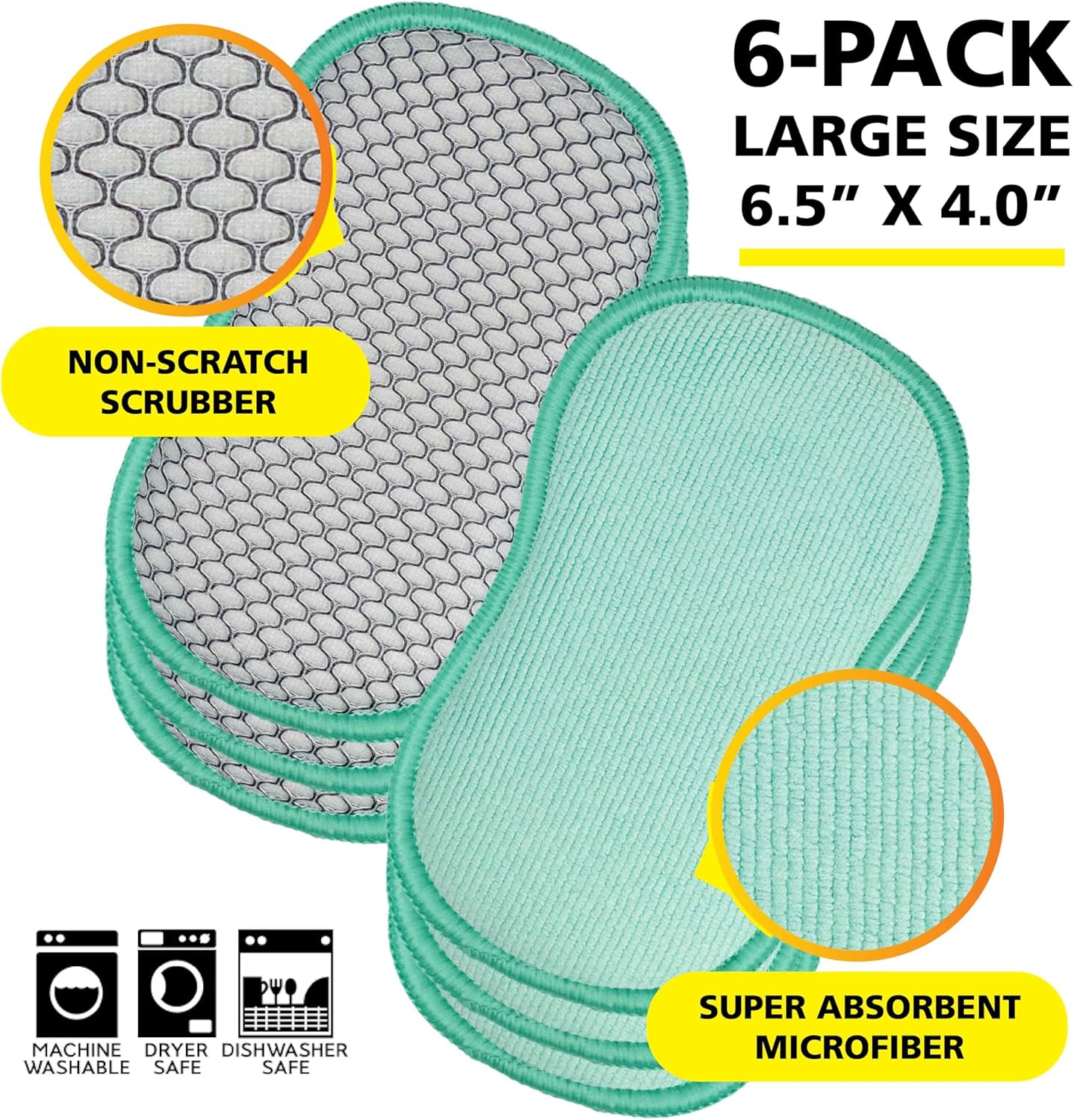 Soft-Scrub by Tuff-Scrub Scrub-N-Wipe Pad, Large, 6-Pack, Microfiber, Multi-Surface, Non-Scratch, Dual-Sided, Scrubber for Dishes, Sinks, Non-Stick Cookware, Machine Washable, Kitchen Sponge